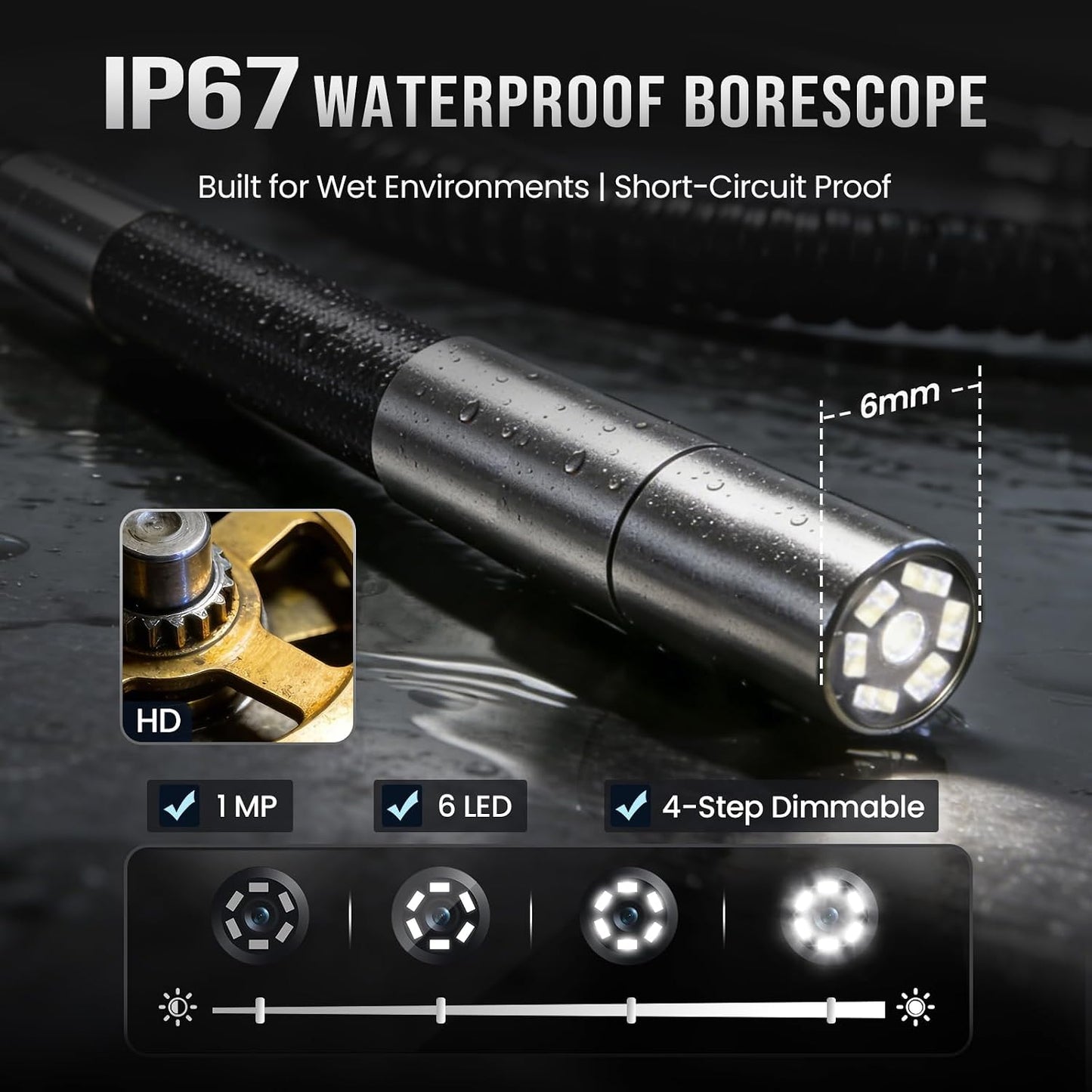 Endoscope Camera with Two-Way Articulation, USB-C & Lightning Borescope, 6 Adjustable LED Lights, 6mm Camera for Plumbing, Automotive & Home Inspection, Compatible with iPhone & Android