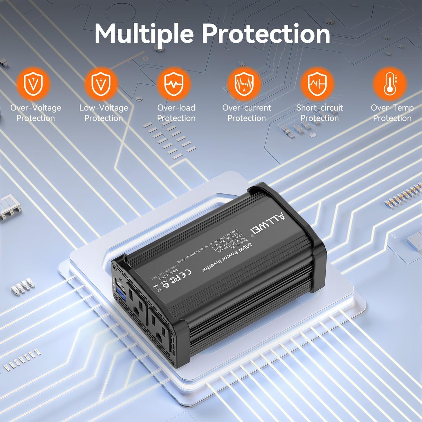 ALLWEI 300W Car Power Inverter 12V DC to 110V AC Car Inverter-Black | with 27W PD USB-C&18W USB-A Fast Charging, Car Charger Cigarette Adapter for Phone, Laptop and Small Devices on Road Trip
