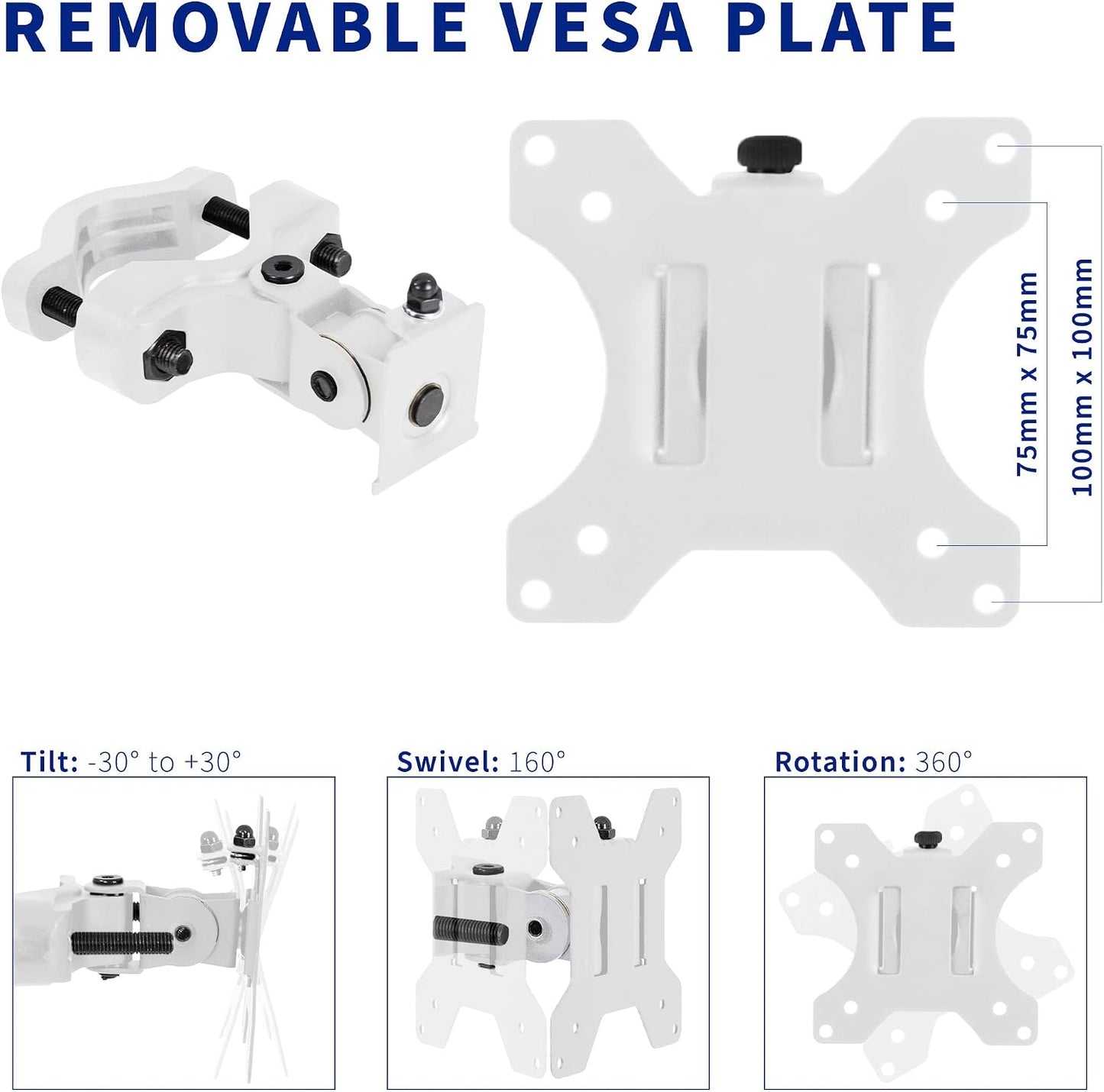VIVO White Pole Bracket Monitor Mount for 13 to 30 in Screen, MOUNT-POLE01W | Universal, Heavy Duty Steel Design, Full Motion VESA Monitor Mount, Removable 75mm and 100mm VESA Plate