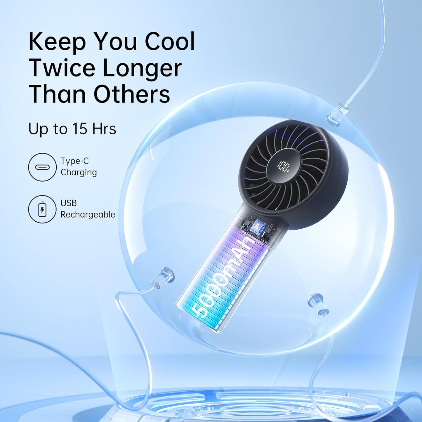 JISULIFE Handheld Portable Fan, 5000mAh Stronger and Longer-Lasting Battery | 5 Speeds, 12-Blade Turbo For Powerful Wider Wind, LED Display, Rechargeable Personal Fan for Travel Concerts Makeup-Black