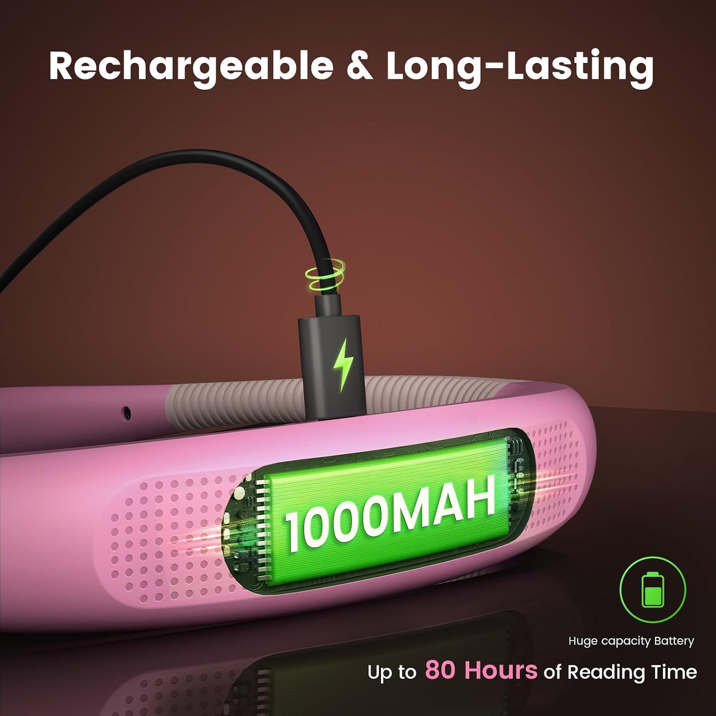 Glocusent Reading Light,Pink Neck Light,80-hr Rechargeable Book Light | 3-Color&6-Brightness, USB-C,LED Neck Reading Light,Women, Travel,Portable, Repairing,Crochet, Christmas, Book Lovers Gifts
