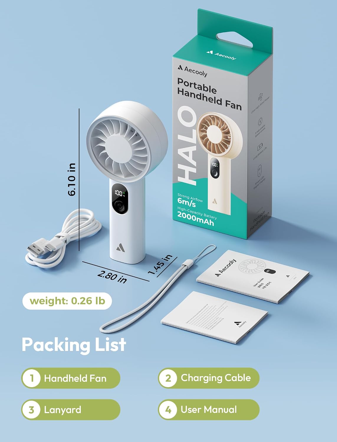 Aecooly Mighty Portable Fan, Powerful Handheld Fan, USB Rechargeable | [10H Max Cooling Time], Mini Personal Battery Powered, Pocket for Travel, Summer, Gifts for Women, Girls -White