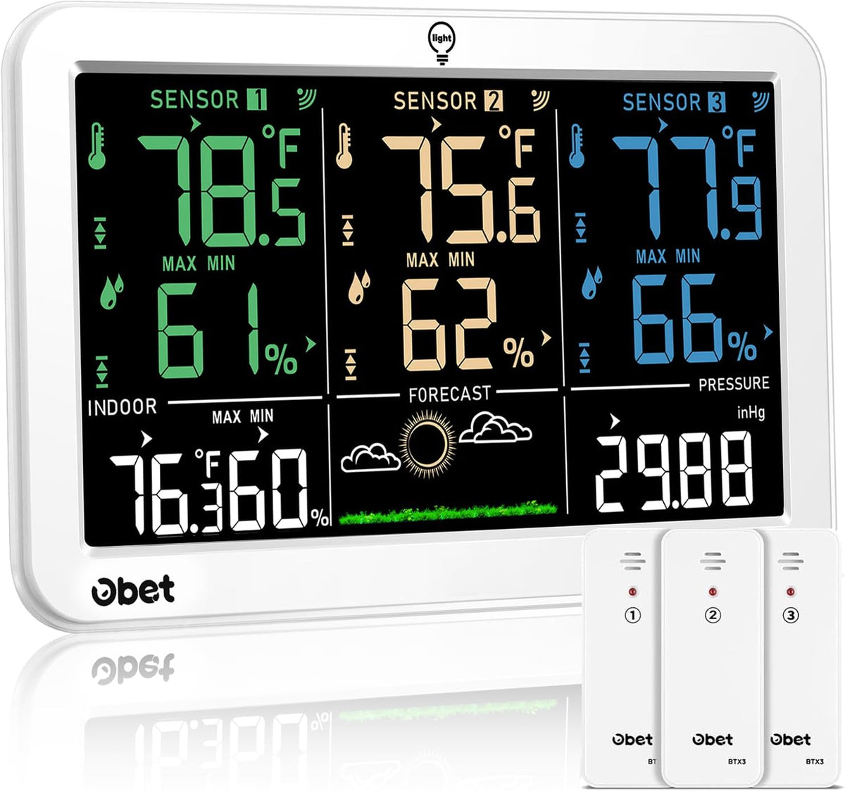 OBET Weather Station Wireless Indoor Outdoor Thermometer Wireless, Digital Temperature and Humidity Monitor with 3 Sensors, Adjustable Backlight, USB Port (500 Feet) White