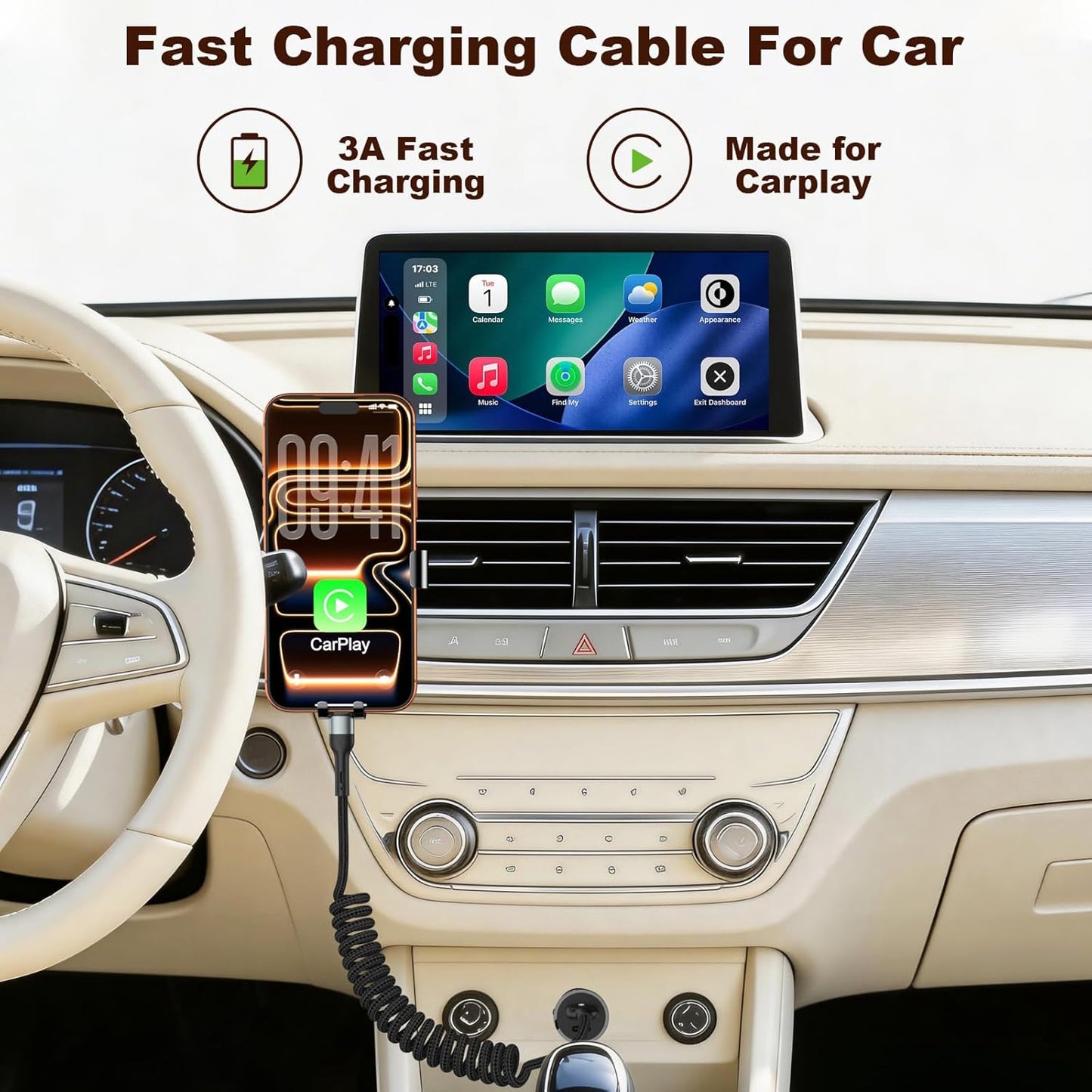 Coiled USB C Charger Cable for CarPlay [3ft 2Pack],USB A to USB C Cable,Durable Braided Type C Fast Charging Cable for iPhone 17/16/15/Pro/Pro Max,Galaxy S26/25/S24,Android Devices（Black）