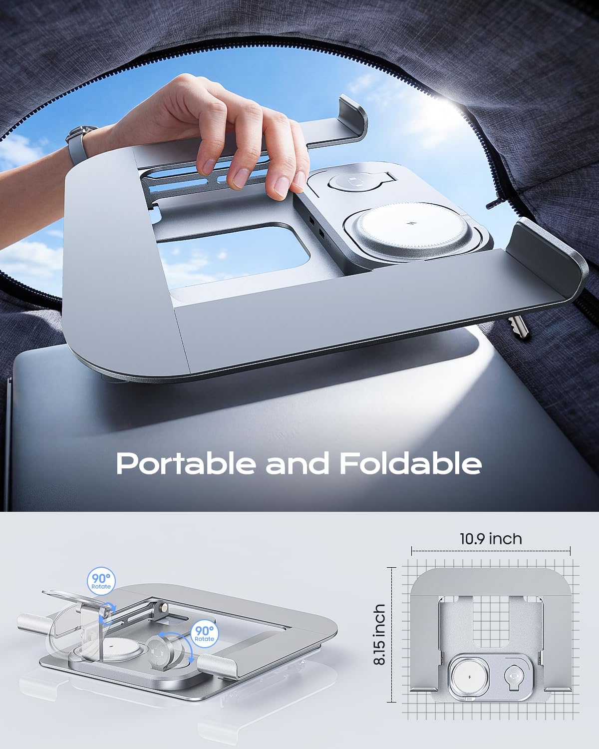 Meifigno Laptop Stand with Wireless Charging Station Base, Foldable Aluminum MacBook Holder with MagSafe Charger for iPhone/iWatch/AirPods, 30W USB-C Wired Charging for Laptop/iPad, with 65W Adapter