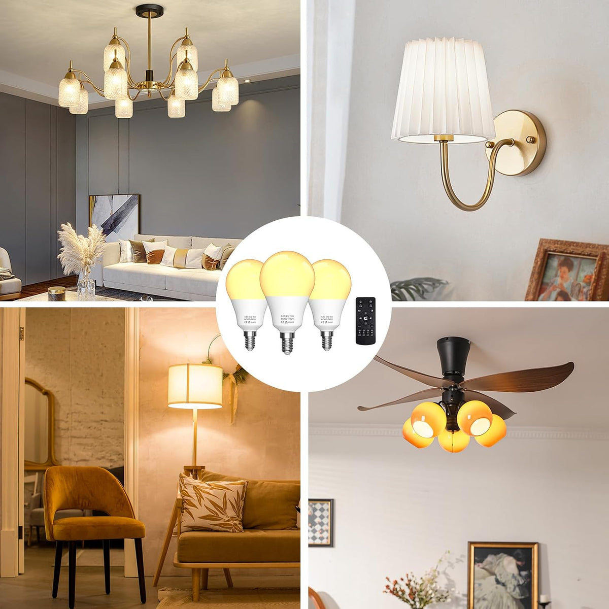 E12 LED Candelabra Light Bulbs 9W, 3 Bulb & 1 Remote