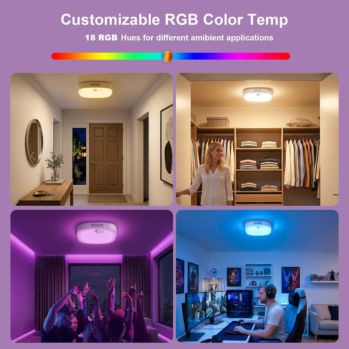 NARUNDREN 2 Pack IP65 Motion Sensor Shower Ceiling Light 10000mAh 18 Colors