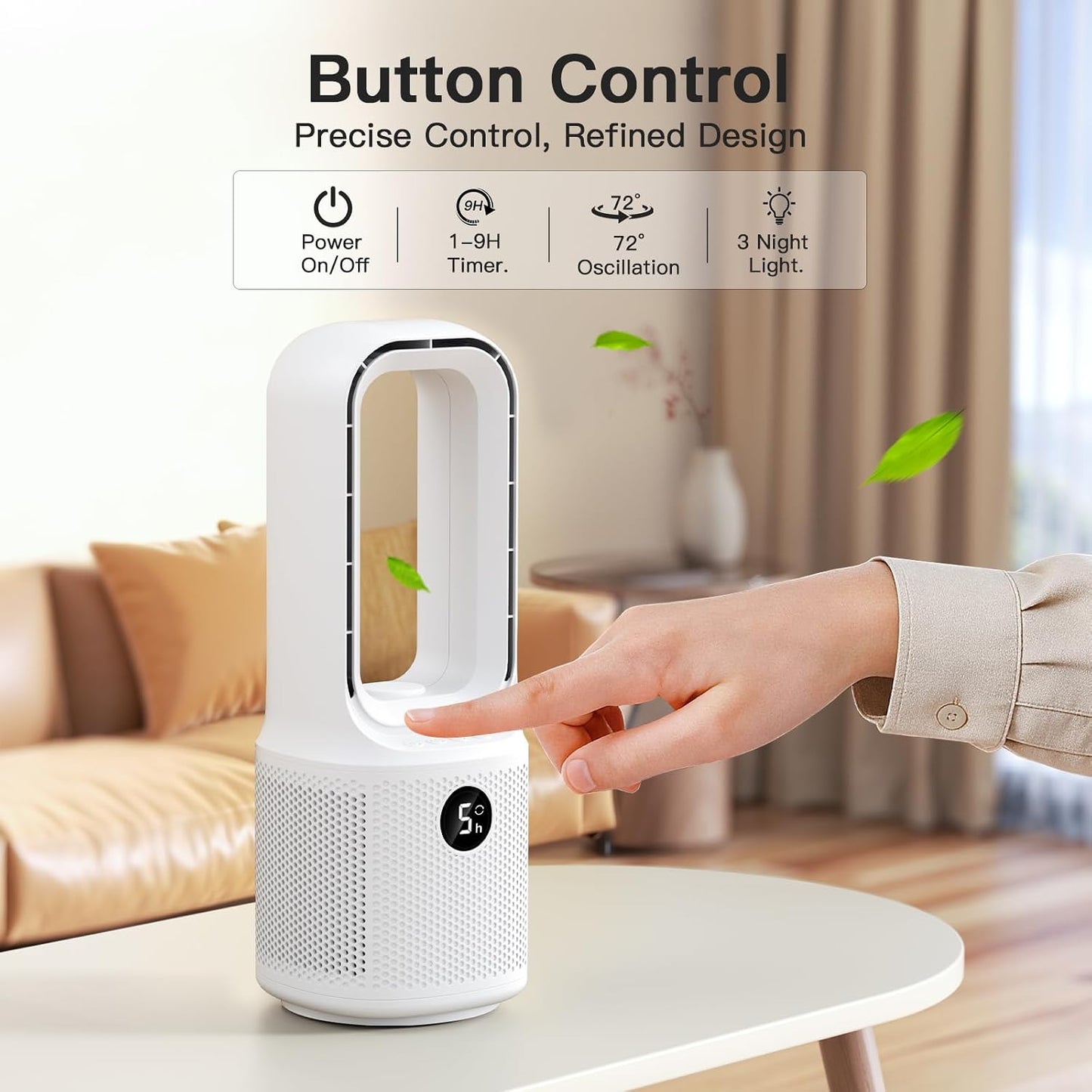 let'me Bladeless Desk Fan Small Quiet,5-Speed Bedside Table Fan with 3-Level Brightness Night Light, 72° Oscillation, 9-Hour Timer, Wired Power with Adapter,Fan for Bedroom Office Home,13x5 Incn