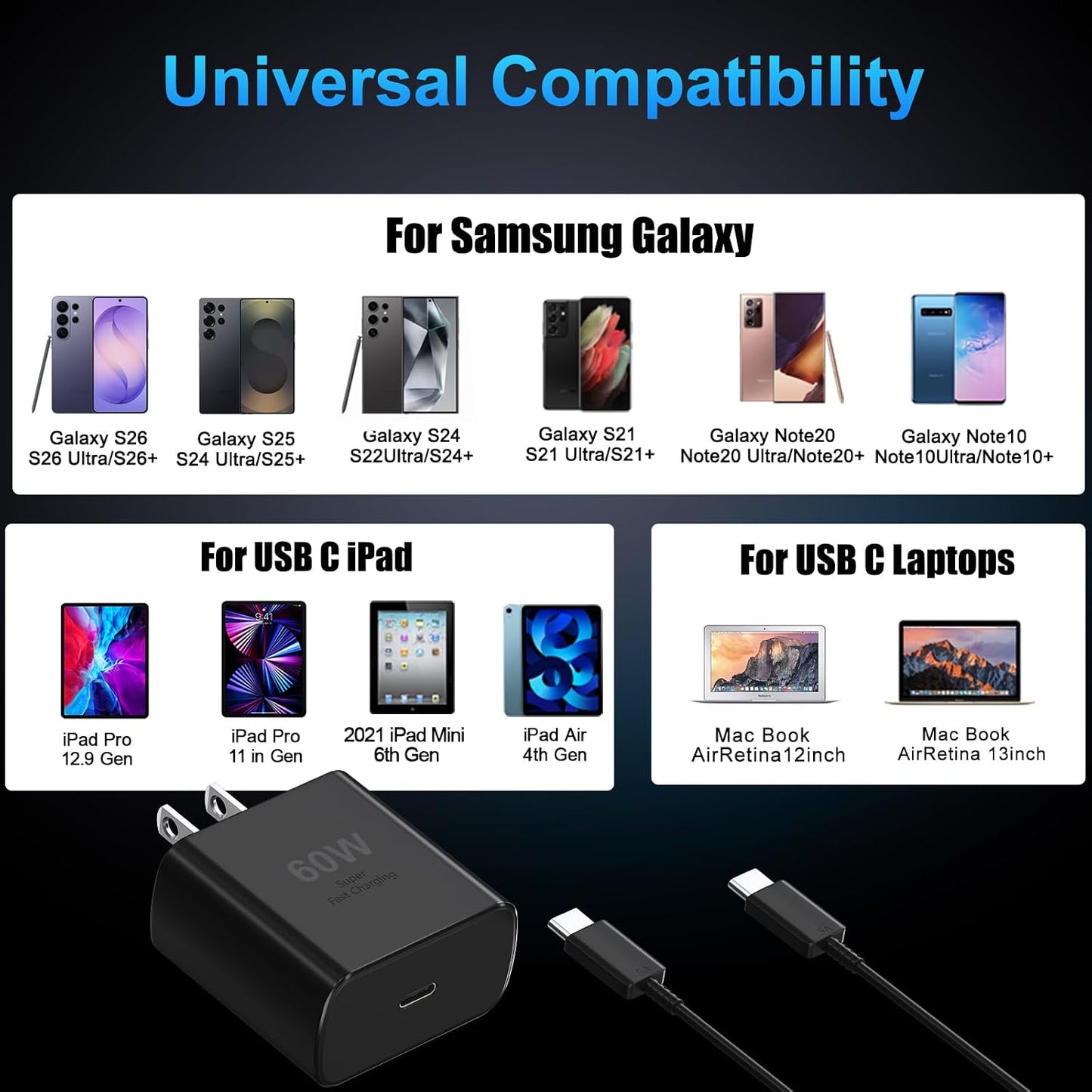 60W Super Fast Charger USB C, Type C Charger Fast Charging Android Phone Charger Block with 10FT USB C Chargers Fast Charging Cable Cord for Samsung Galaxy S26 Ultra/S26+/S26/S25Ultra/S25/S24-Black