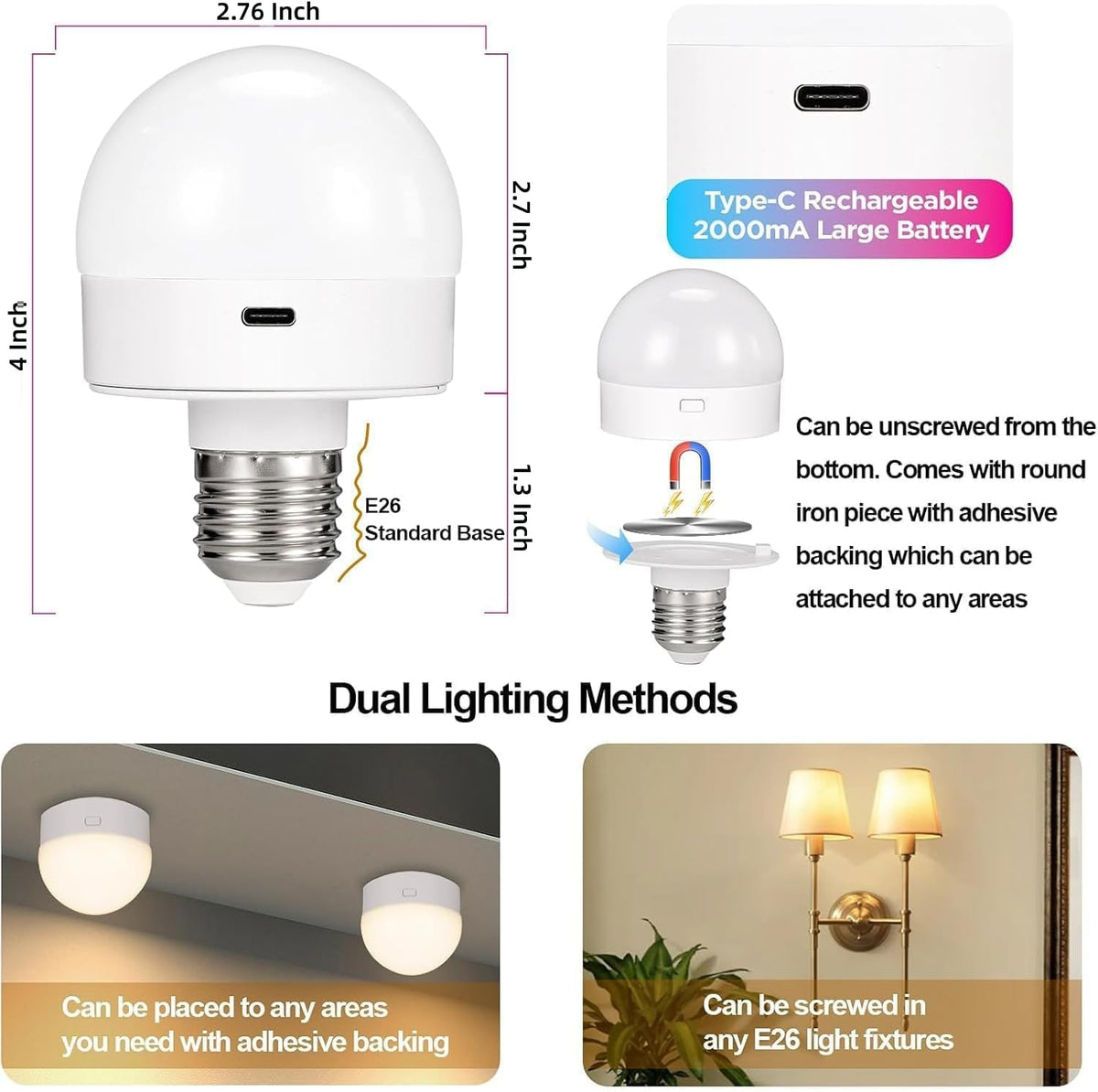 Yochoice Rechargeable Battery Operated Light Bulb with Remote, 2-Pack
