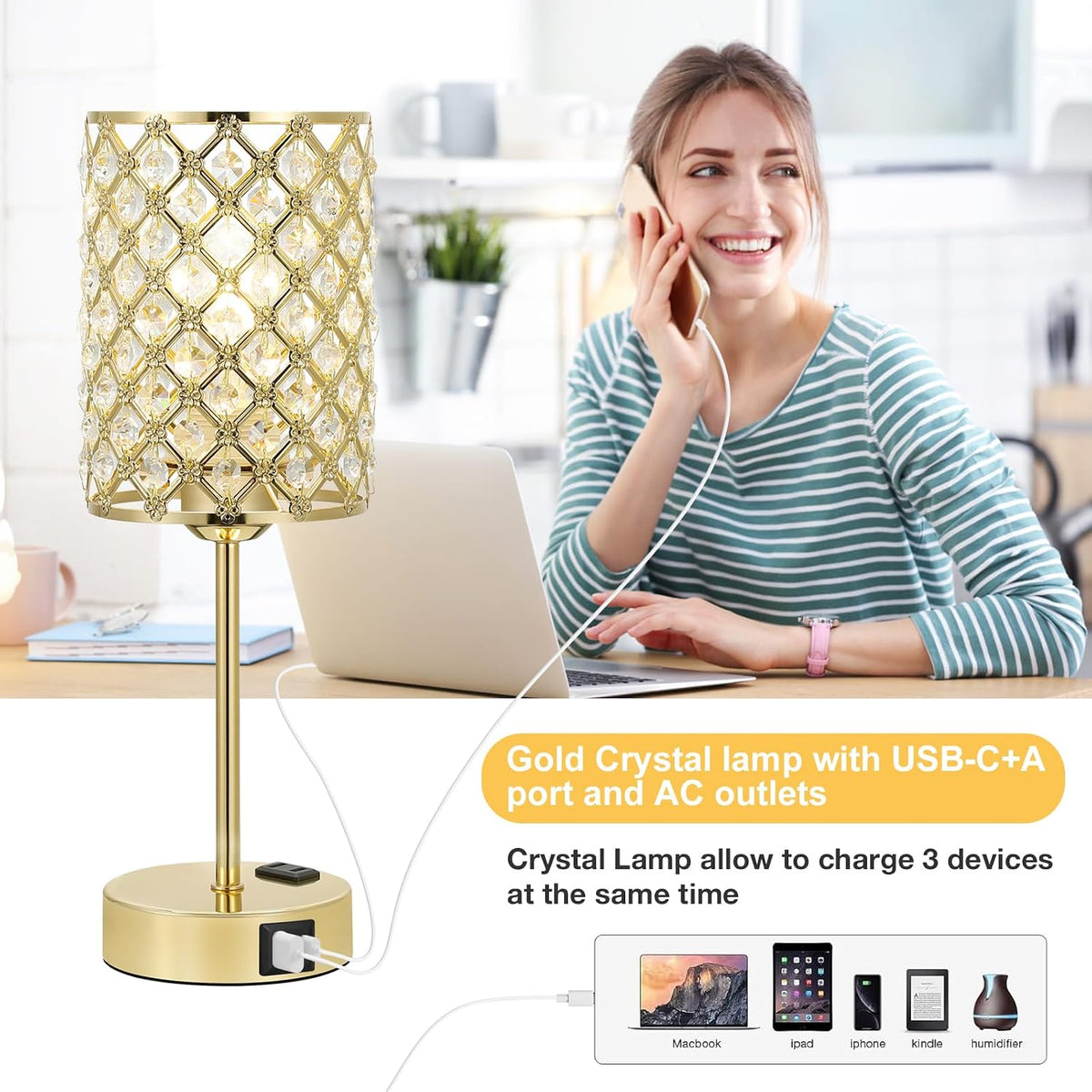 Hong-in Gold Lamps for Night Stands, Crystal Table Lamp with Touch Control | 3-Way Dimmable, USB-C+A & AC Outlet, Desk Lamp for Bedside, Nightstand, Living Room, Home Office, Bulbs Included