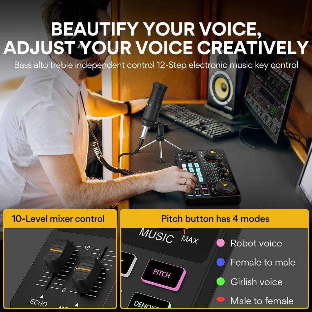 MAONO Podcast Equipment Bundle with Audio Mixer & 3.5mm Mic for Streaming | All-in-one audio production, PC and smartphone-compatible, 4 custom soundpads, for creators, home podcast setup AU-AM200-S1