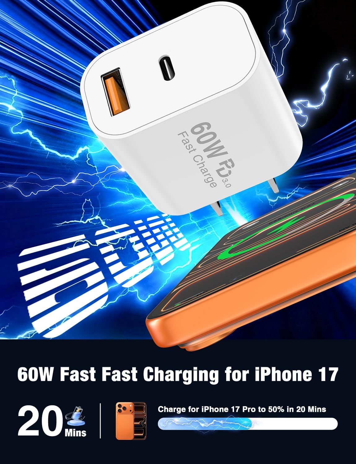 60W USB C Fast Charger for iPhone 17/16/15 Pro Max Charger 2-Pack | PD 3.0 Dual Port Wall Charger Block with 6+10Ft USB C Cable,Super Fast Charging for iPhone 17/16/15/Air Series,iPad Pro,White