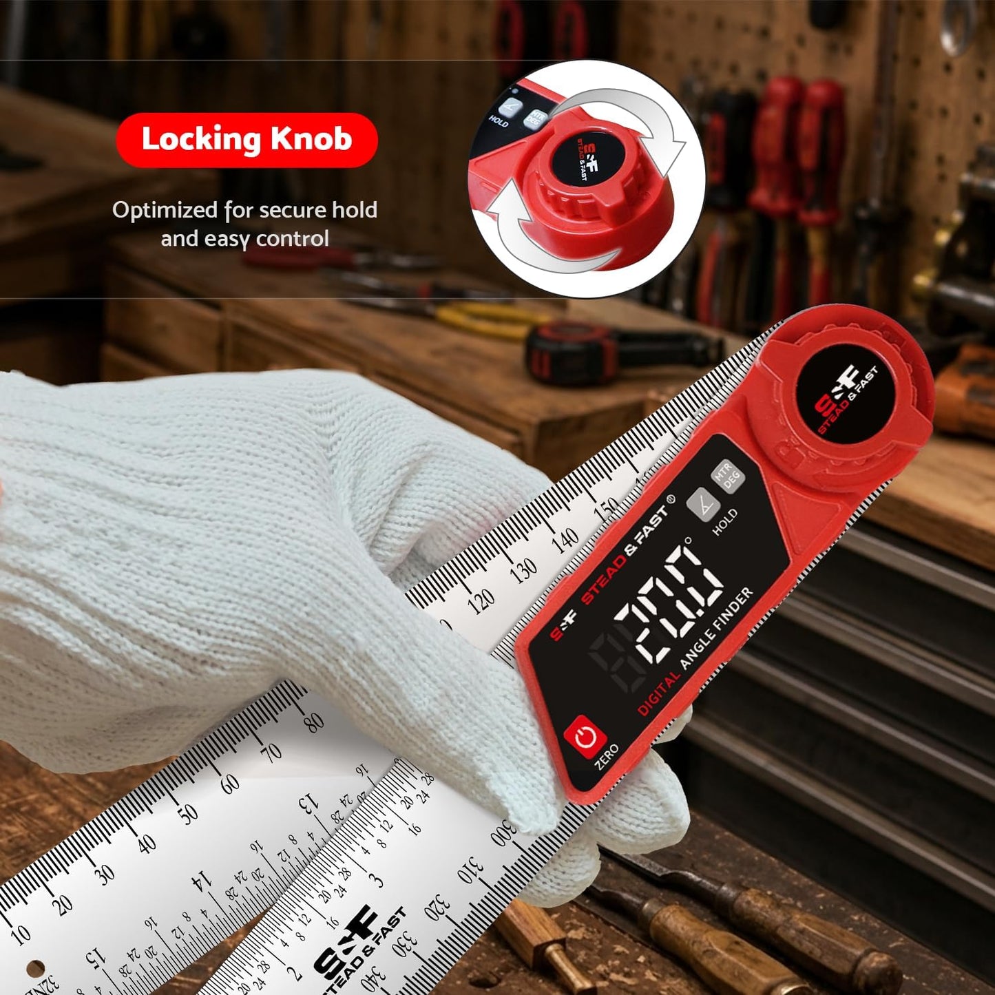 S&F STEAD & FAST Digital Angle Finder with Miter Button, 7 Inch / 200 mm | Secure lock knob, XL LED Display, Stainless steel arms, High-precision, Versatile protractor, for Miter saw & Crown molding