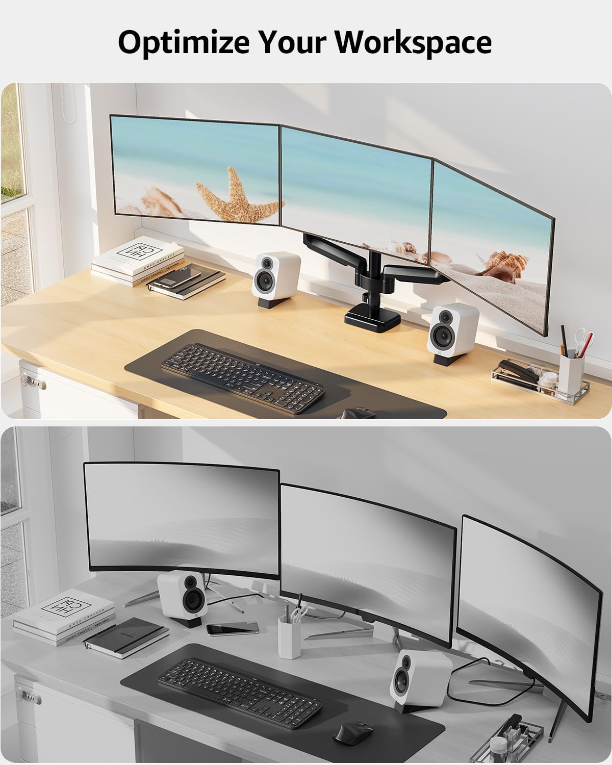 MOUNTUP Triple Monitor Mount, Triple Monitor Desk Mount for Max 27 inch Computer Screens, 3 Monitors Stand for Desk, Monitors Arm with Swivel, Tilt, Rotation, Each Arm Holds 4.4-19.8 lbs