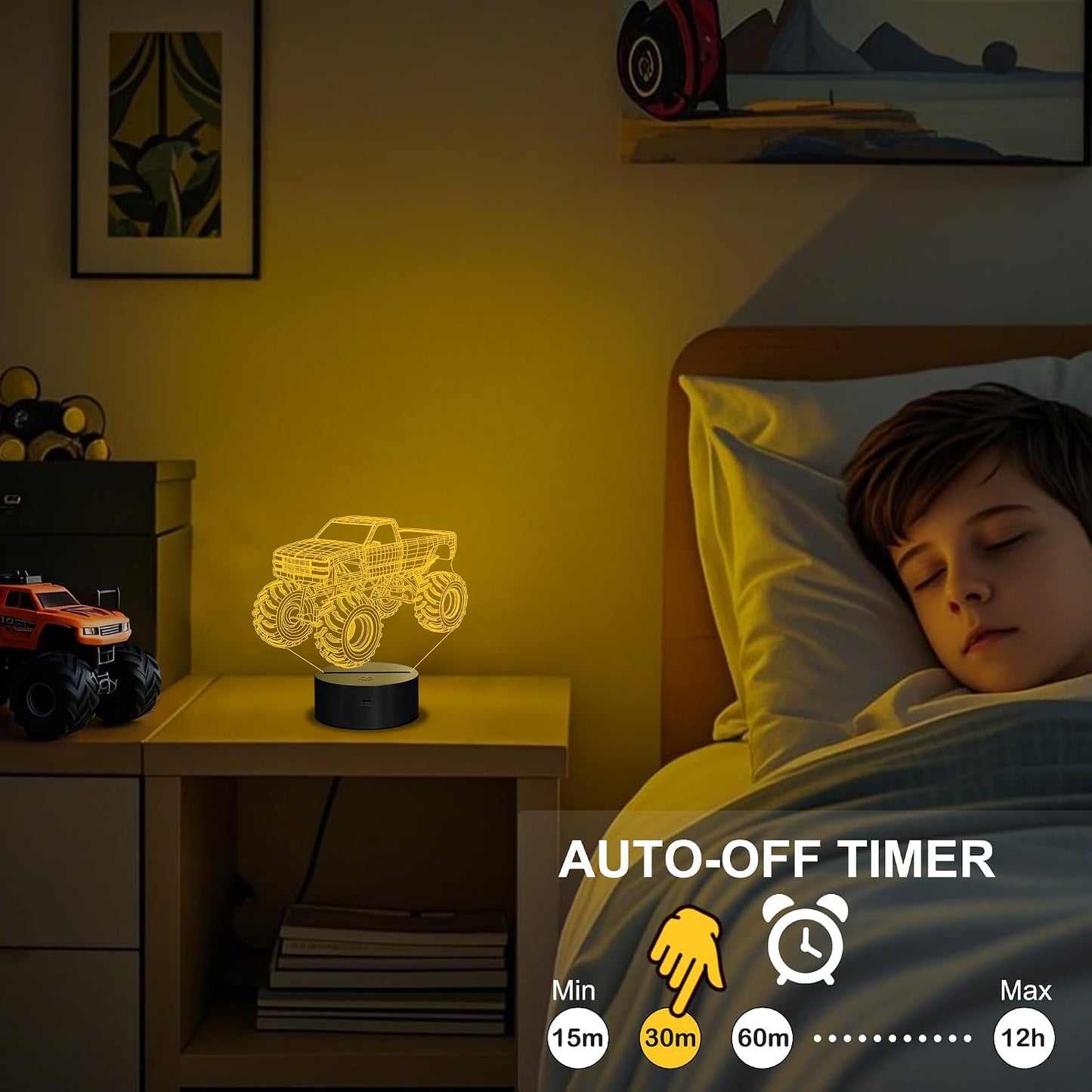 3D Night Lights for Children, Kids Night Lamp, Monster Trucks for Boys, 16 LED Colors Changing Lighting, Car Shape Acrylic Lighting Table Desk Bedroom Decoration, Ideas Birthday Xmas