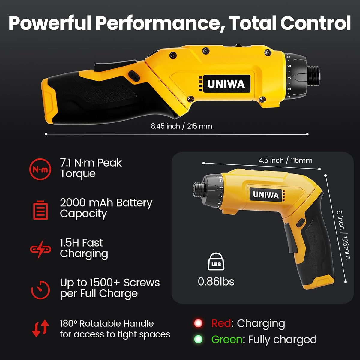 UNIWA Cordless Electric Screwdriver Rechargeable-650 RPM Power Drill-Yellow | Small Drill Cordless, 21+1 Torque Settings, 7.1N.m, 38PCS Bits, Hand Screwdriver Set, 2000 mAh, 3.6V, Pivoting Handle