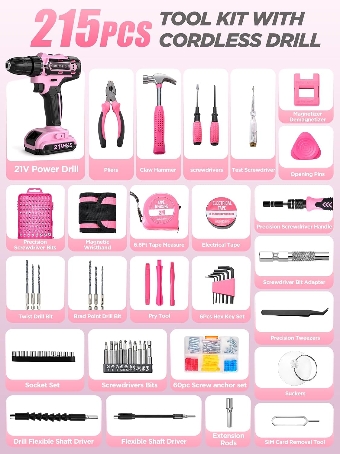 Pink Cordless Drill Set 215 Pcs, 21V Pink Power Drill Tool Set Kit with Storage Bag, Electric Drill Set for Women, Precision Screwdriver set, Magnetic Tool Belt, ToolBox for DIY Projects