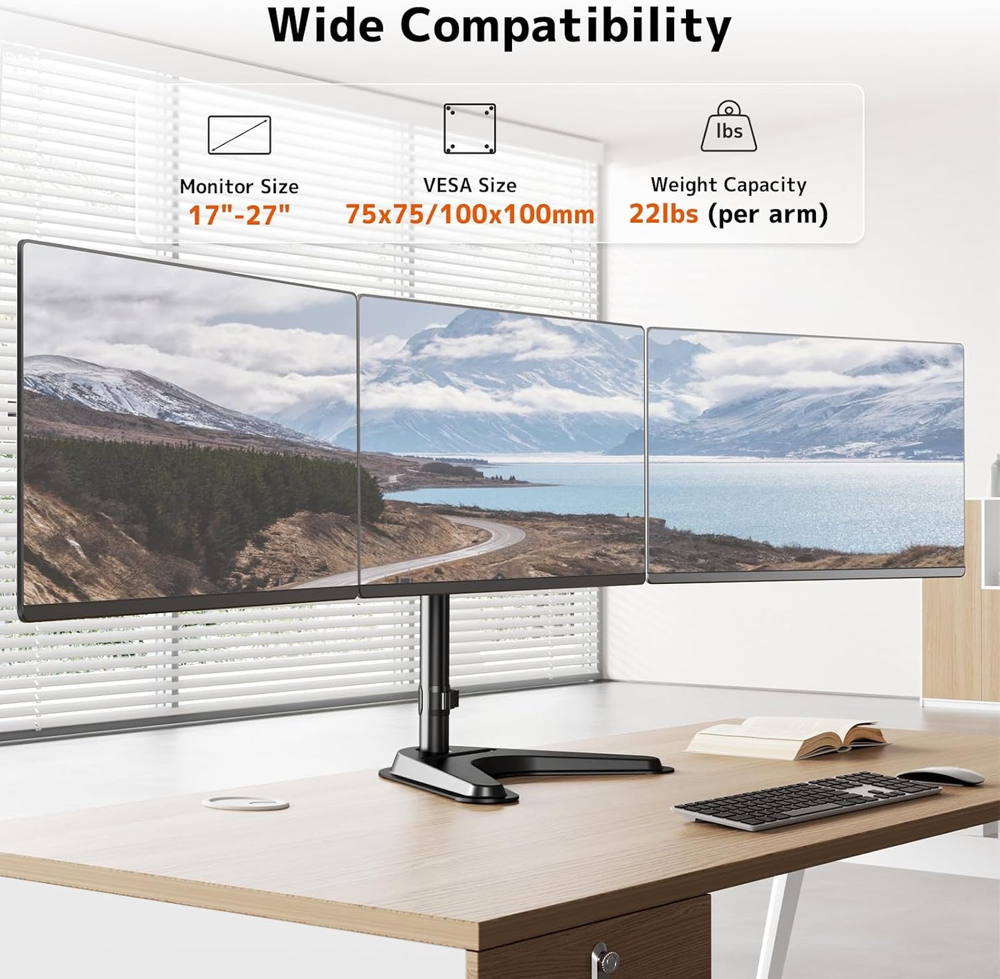 Triple Monitor Stand, Full Motion Arm Fits up to 27 inch | Free standing, Cable Management, 22 lbs Weight Capacity per Arm, 75/100 mm VESA, Black