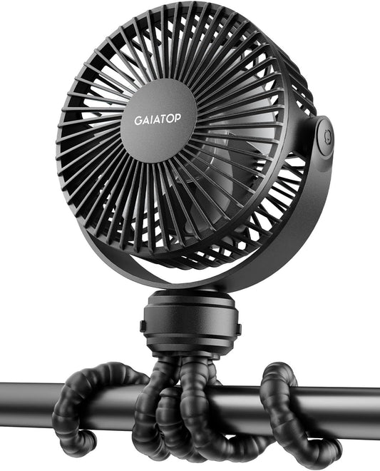 Gaiatop Mini Portable Stroller Fan, Small Clip on Fan 3 Speed Rechargeable | 360° Rotate Flexible Tripod, Battery Operated Detachable, Cooling for Car Seat Crib Treadmill Travel Black