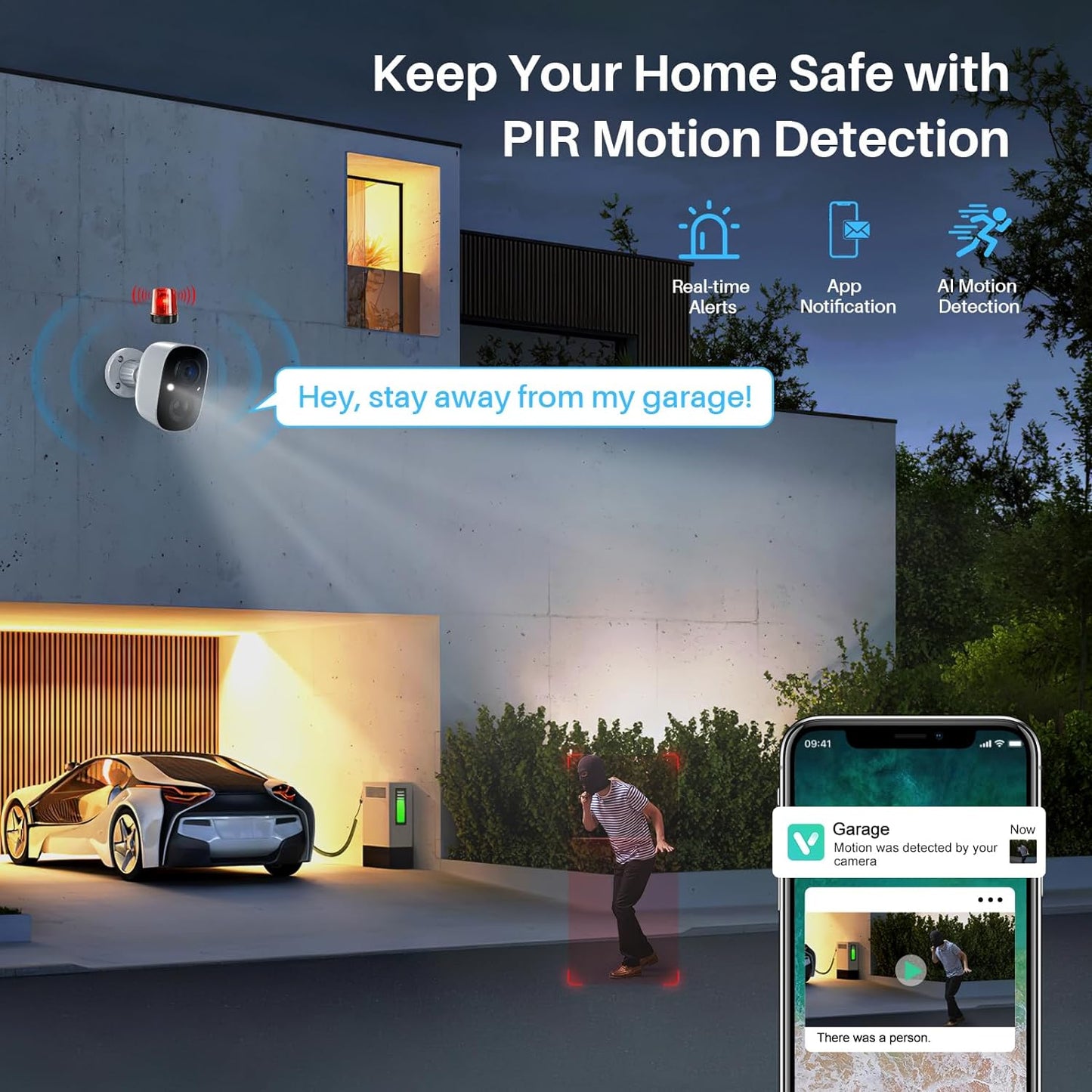 Security Cameras Wireless Outdoor Indoor, 2K Battery Powered WiFi Camera for Home Security, AI Motion Detection, Color Night Vision, IP66 Weatherproof, 2-Way Talk, Siren Alarm, SD/Cloud Storage