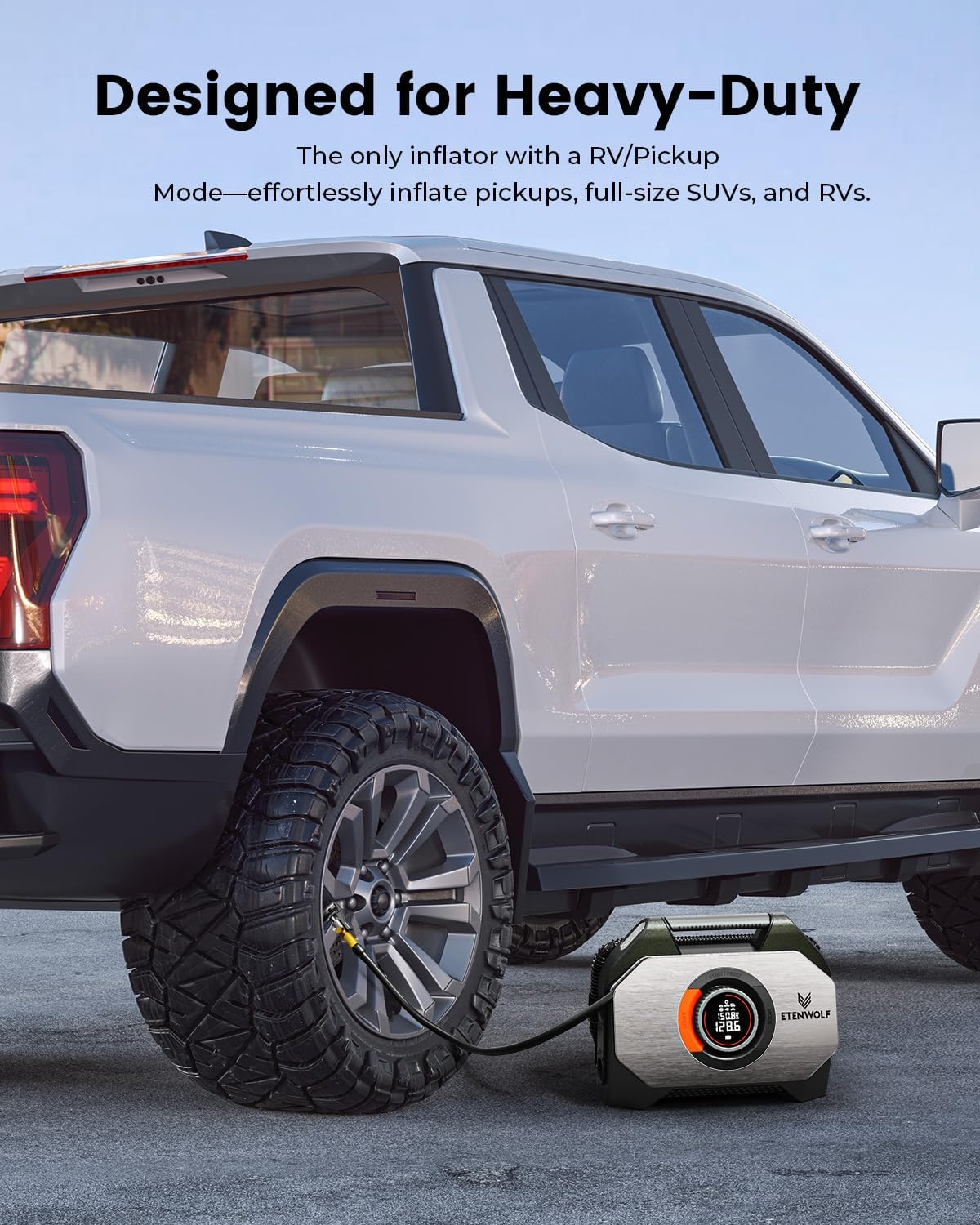 ETENWOLF VORTEX S7 Tire Inflator for Heavy-duty Vehicle with 38400 mAh | 160PSI Portable Air Compressor for Car Tires, Cordless Air Pump with 100% Duty Cycle & Dual Cylinder, Auto Shut-Off,LED Light