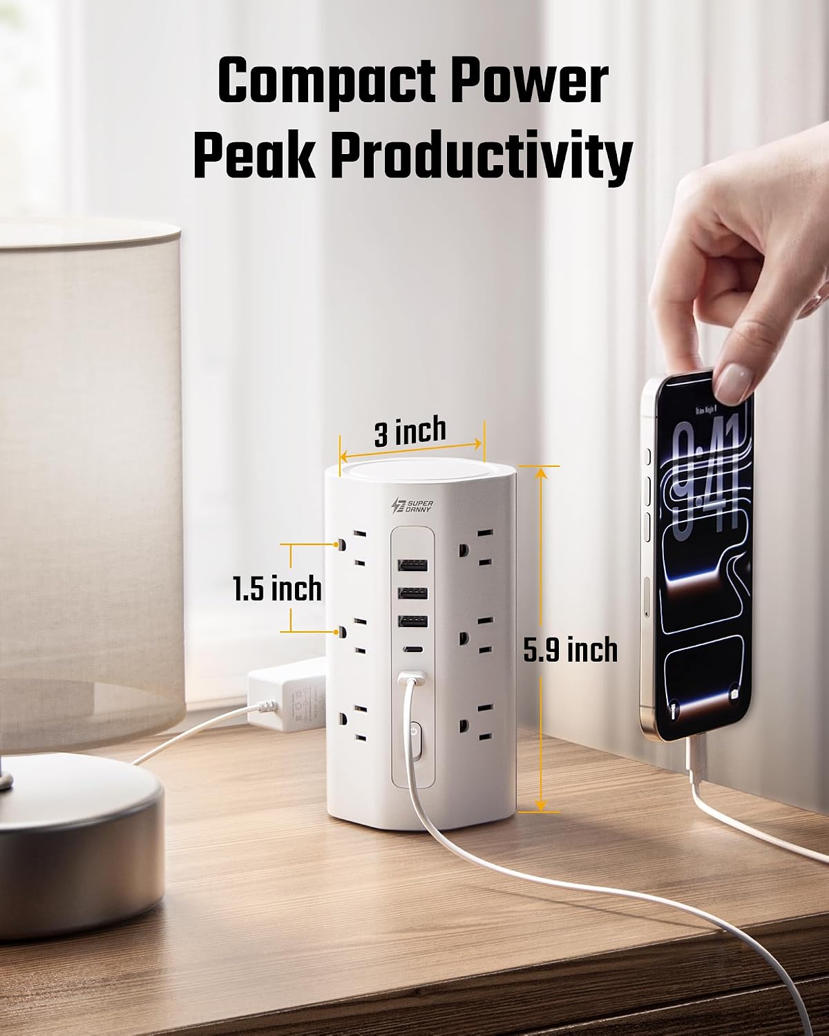 SUPERDANNY Tower Power Strip, 10Ft Extension Cord, 1700J, 12 AC 5 USB,White | 3 USB A, 2 USB C, Surge Protector Power Tower, Flat Plug, Desk Charging Station with Multiple Outlets, Home Office Dorm Room