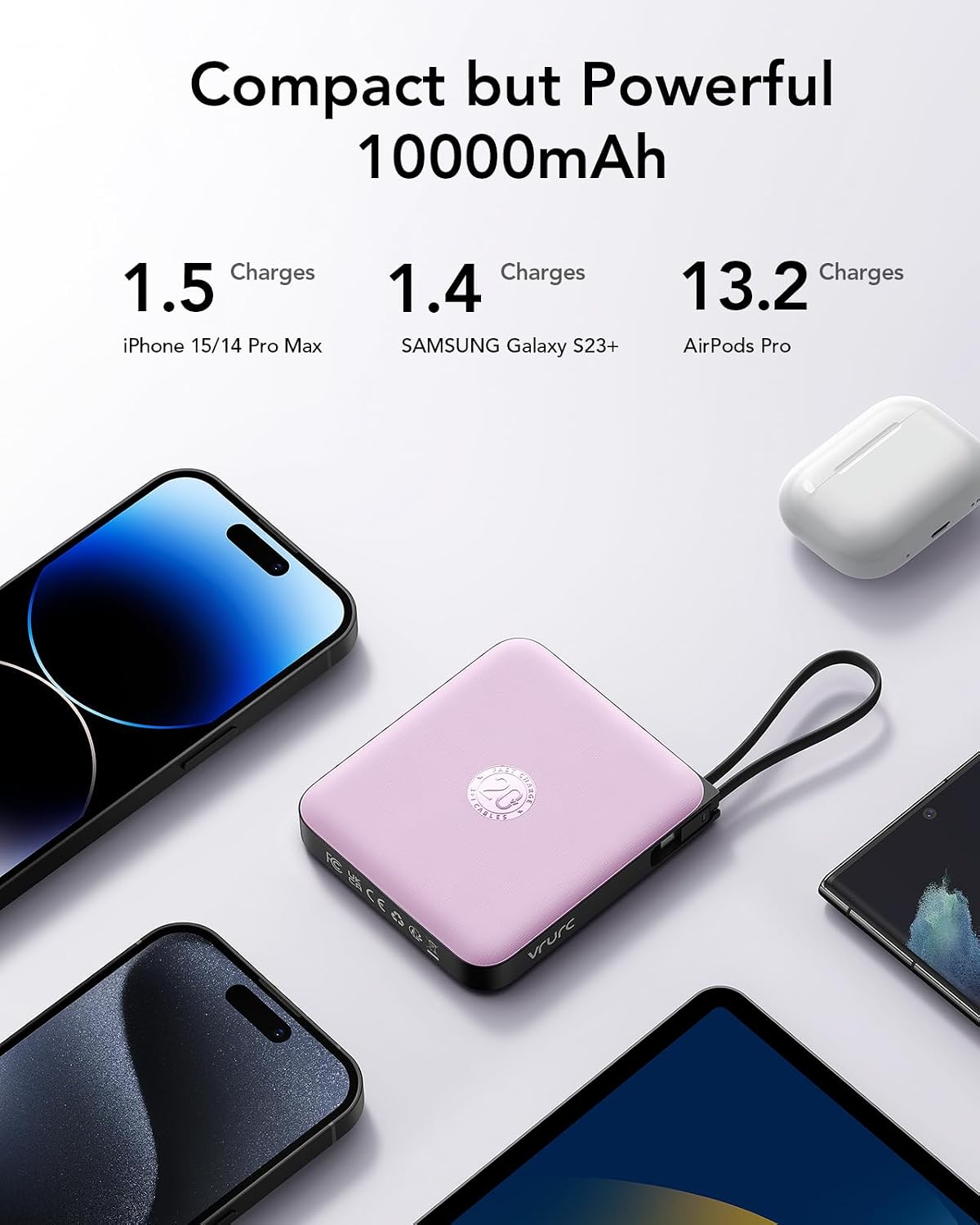VRURC Portable Charger 10000mAh Battery Pack, Cell Phone Power Bank, Purple | Built-in Cables, 22.5W Fast Charging, Slim, Travel Essentials, Airline-Approved, for iPhone 17/16/15 Series, Samsung Android