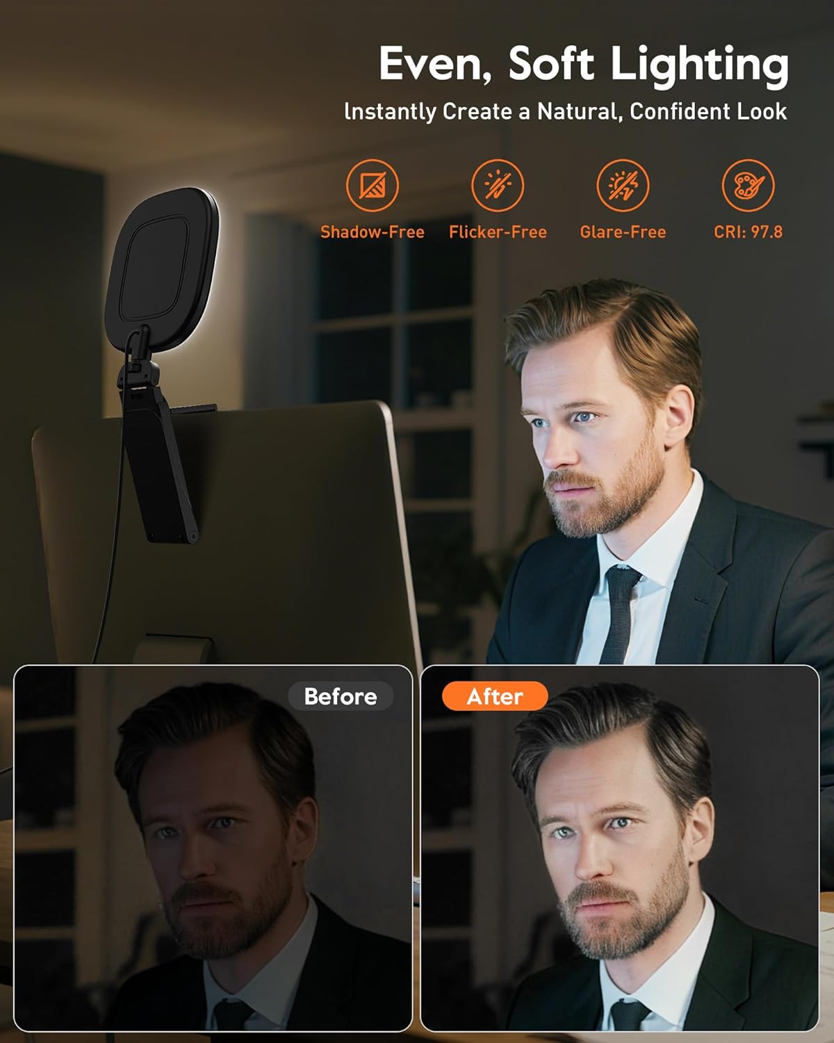 LitONES Webcam Ring Light for Laptop, Monitor & Desk - Screen-Safe Clip | Eye-Caring Diffused LED Light with Adjustable Monitor Mount, CRI 97.8+, 50 Lighting Modes for Zoom, Video Calls & Streaming