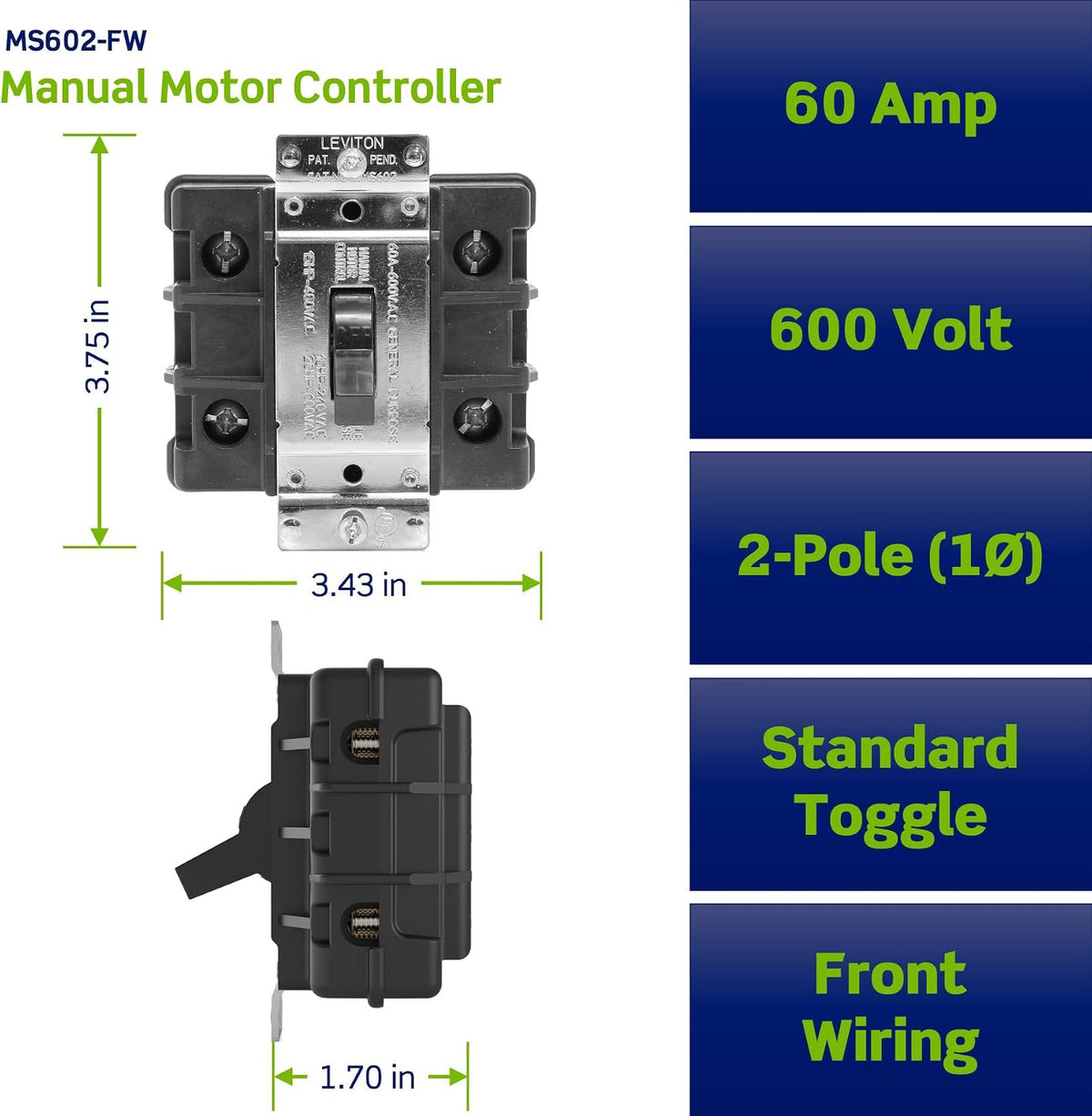 Leviton 60 Amp, 600 Volt, 2-Pole, Single-Phase Single Throw AC Manual Motor Controller, MS602-FW, Black