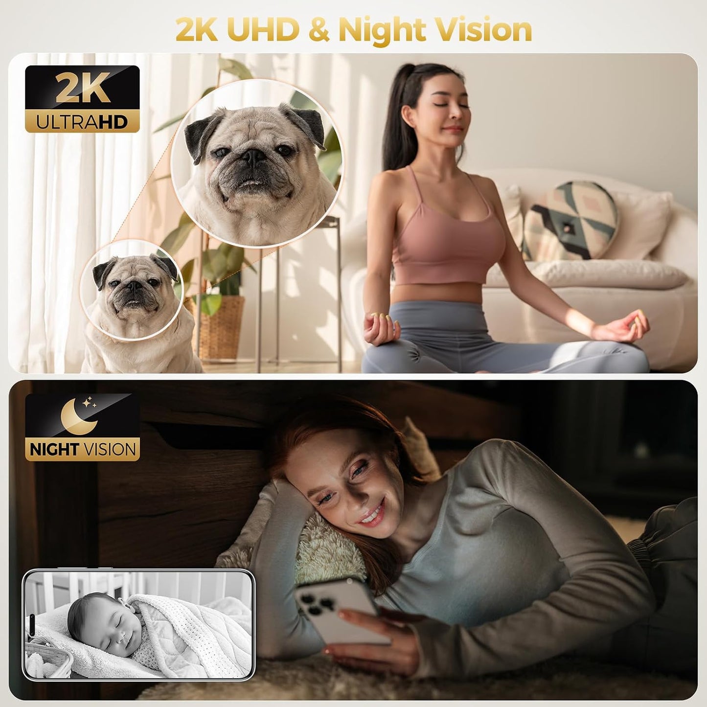 ZEEPORTE 2K Indoor Cameras for Home Security - Baby Monitor and Dog Pet Camera with Motion Detection, 2-Way Audio, Night Vision, Siren, Wired Security Camera - Works with Alexa and Google Home(2-Pack)