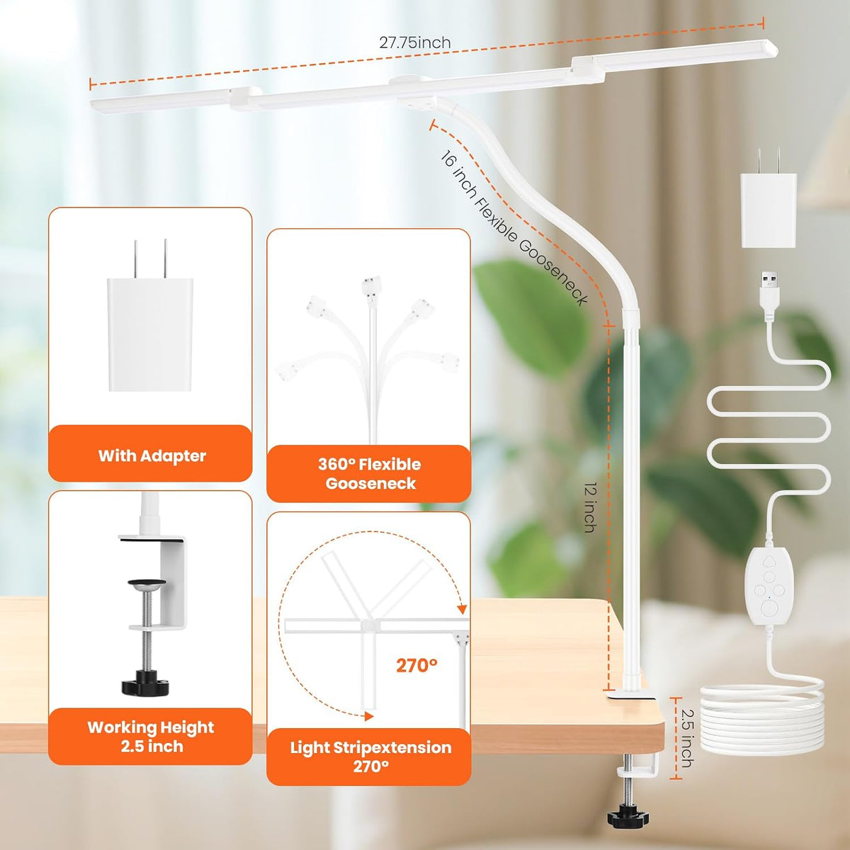 LED Desk Lamp for Office Home, Adjustable 3 Head Desk Light with Adapter