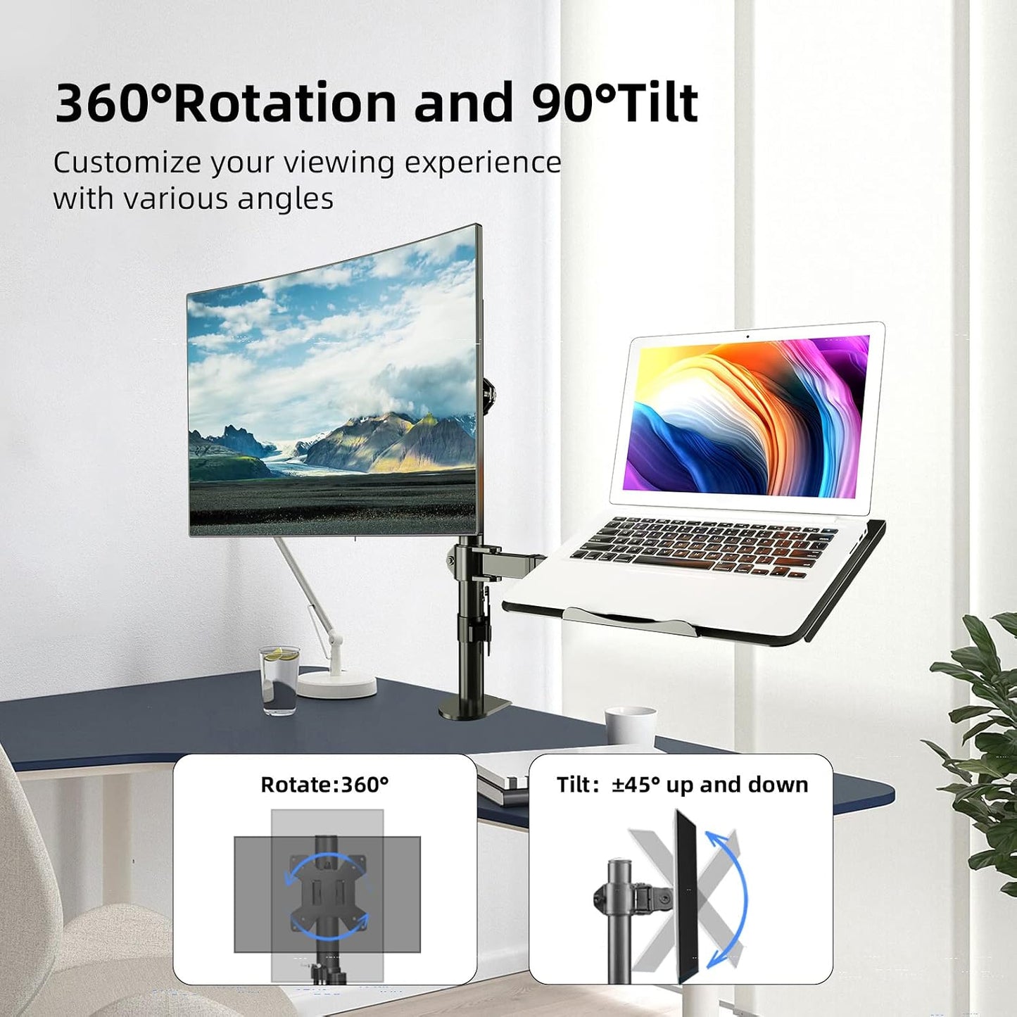 suptek Monitor and Laptop Mount Holds 13-32 inch Computer Screen, Adjustable Monitor Arm Stand with Laptop Tray for 13-27 inch, Hold 22 lbs, with Clamp and Grommet Mounting Base