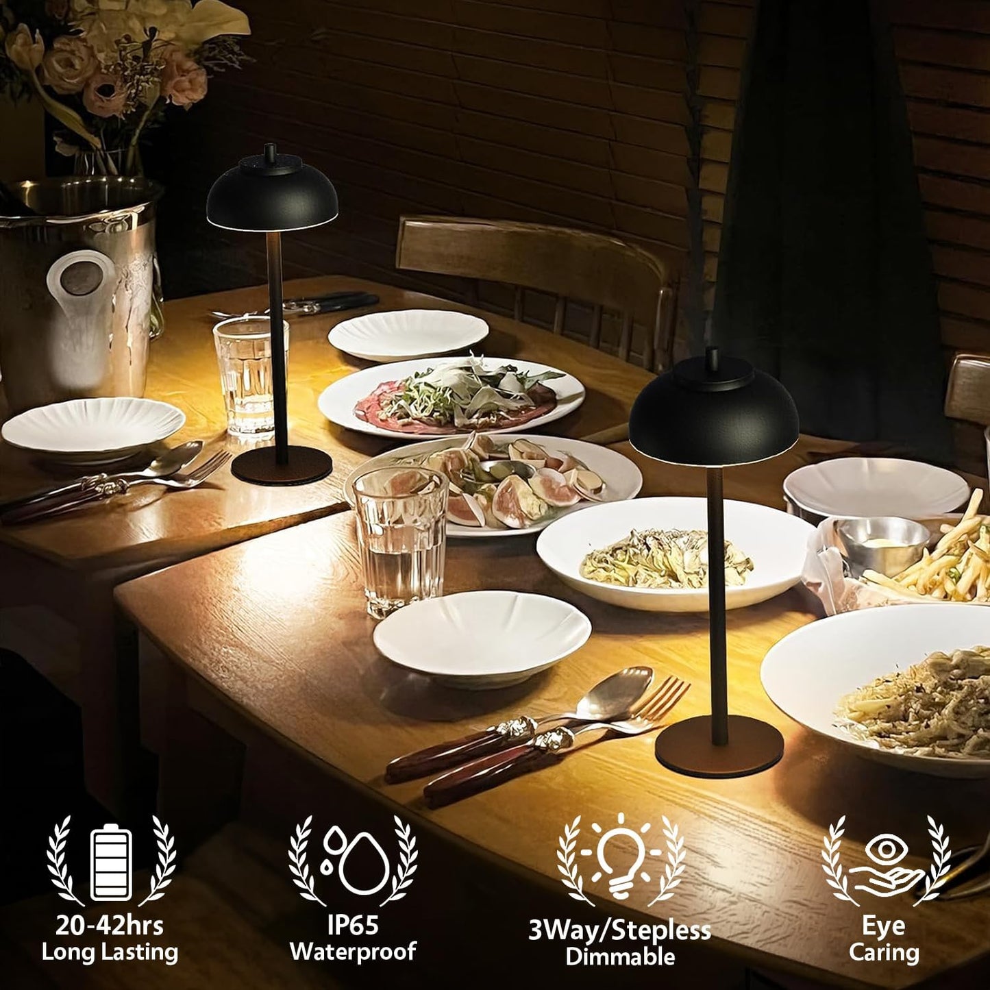 Cordless Table Lamps, Rechargeable LED Touch Lamp, Black, 2 Pack | Waterproof, 5000mAh battery, 3 color temperatures, 10-100% touch dimming, for patio, table top, dinner, restaurant, home bar