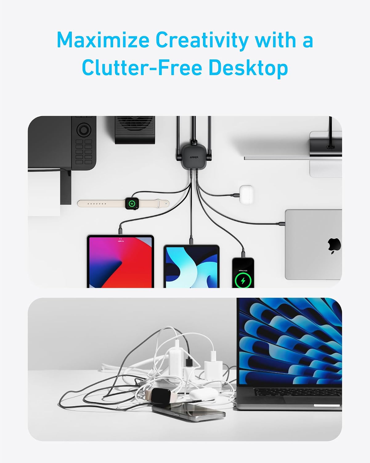 Anker Desktop Charger, 9-in-1 Power Strip with 300J Surge Protector, 100W | USB C Charger with 3 AC, 4 USB C, 2 USB A, 5ft Flat Plug Extension Cord with Multiple Devices, Home Office, Desk Accessories