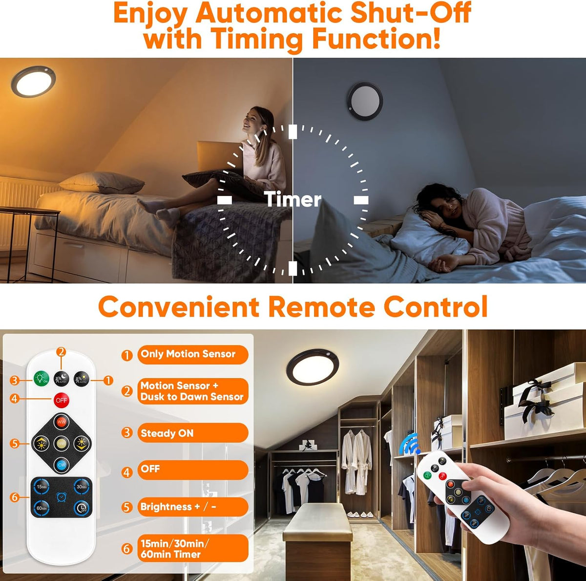 Rechargeable Motion Sensor Ceiling Light, Battery Operated Closet Light
