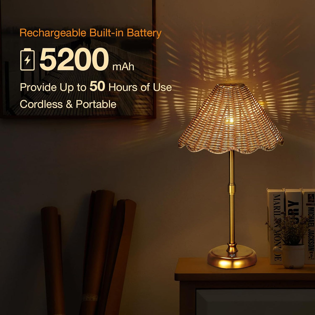 Cordless Boho Rattan Table lamp, 5200-mAh Rechargeable Battery, 3-level Brightness Dimmable, Build-in Integrated LED 320 Lumen Max, Rattan Shade, for Bedside Restaurant Resort Hotel Dining Table