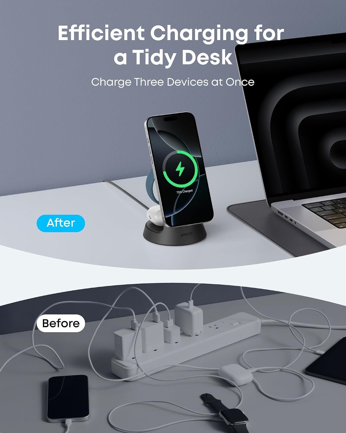 Anker MagSafe Charger Compatible, MagGo 3-in-1 Qi2 15W Charging Station | Wireless Charger, Magnetic Charging Stand for iPhone 17 / 16 / 15 Series, Apple Watch, AirPods, and More (Adapter Included)