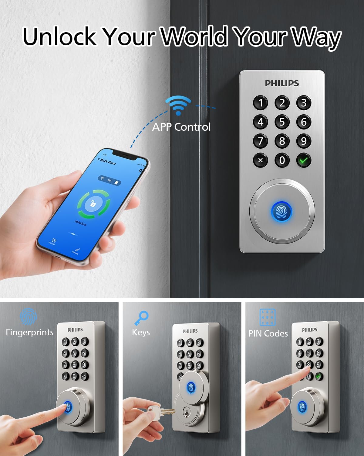 Philips Wi-Fi Door Lock, WiFi Smart Lock Keyless Entry Deadbolt for Front Door, Remote Control, Built-in WiFi, APP Fingerprint Passcode Unlock, Auto Locking | Remote Control, Built-in WiFi, APP Fingerprint Voice Unlock, Auto Locking