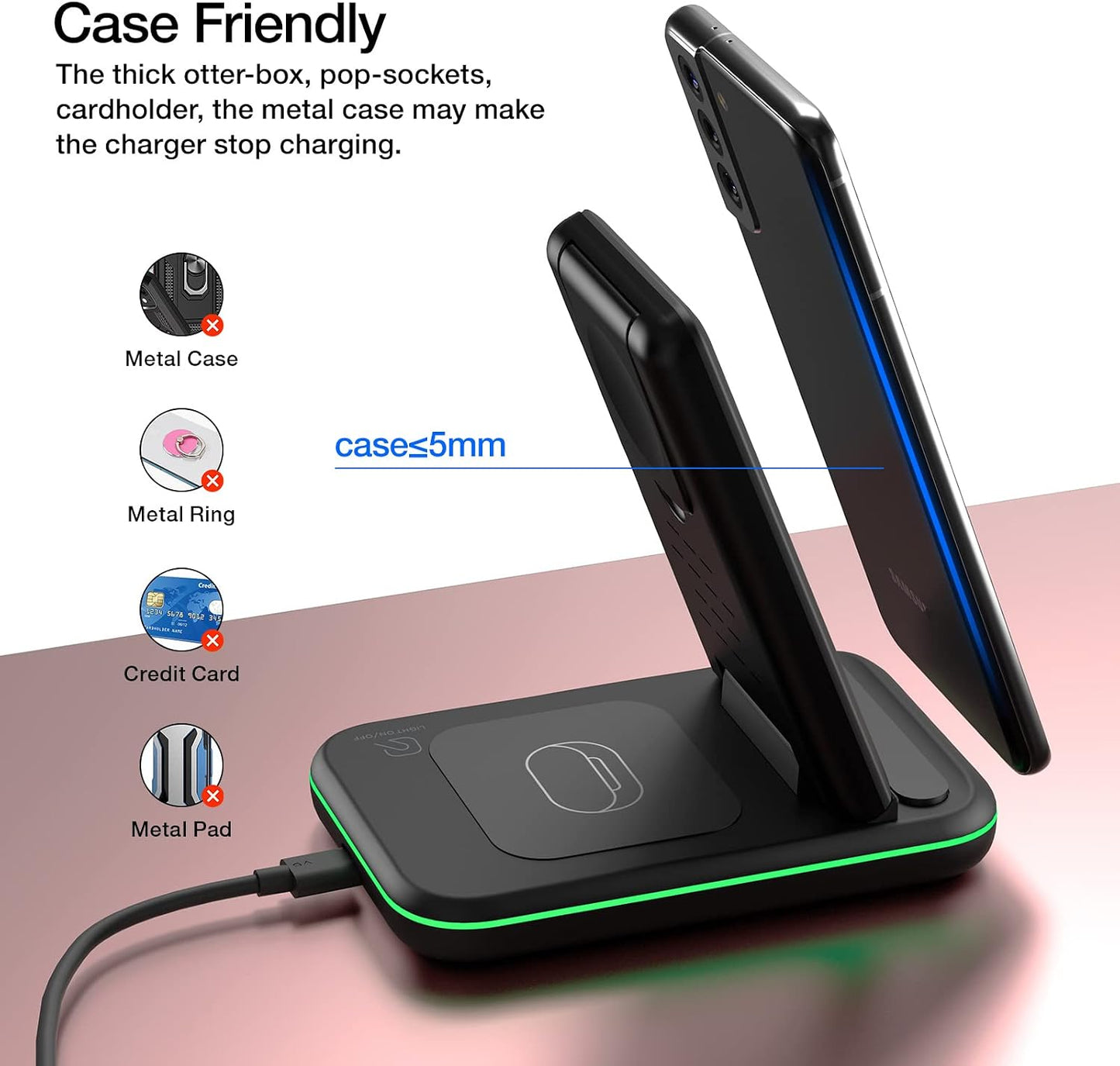 Wireless Charger for Samsung/Android, HOLYJOY Foldable 3 in 1 Fast Charging Station/Stand/Multi Charger for Samsung S25 Ultra/S24/Note 20, Travel Pad for Galaxy Watch 8/7/6/5/Active 2, For Buds(Black)