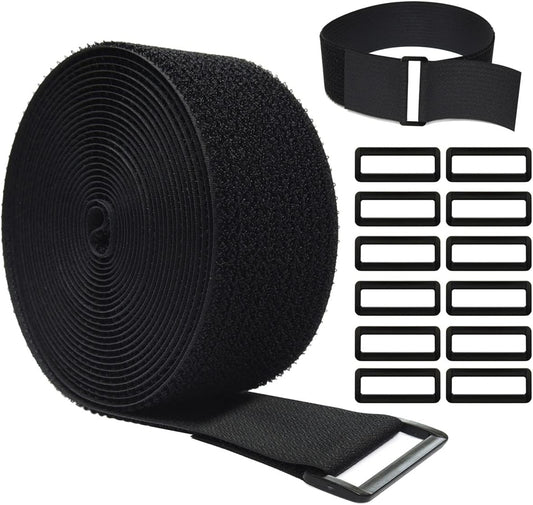 16Ft x 2In Adjustable Cable Straps with 12 Buckles, Free Cut Length, Black Reusable Fastening Cable Ties, Hook and Loop Securing Strap for Cable Tidy, Wire Management, Cord Organiser, Black