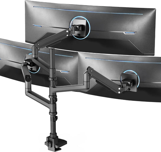VIVO Pneumatic Arm Triple Ultrawide Monitor Extra Tall Desk Mount for Up to 49 inch Screens, Heavy Duty Clamp, Holds 3 Ultra Wides Up to 44 lbs, Black, STAND-V300D