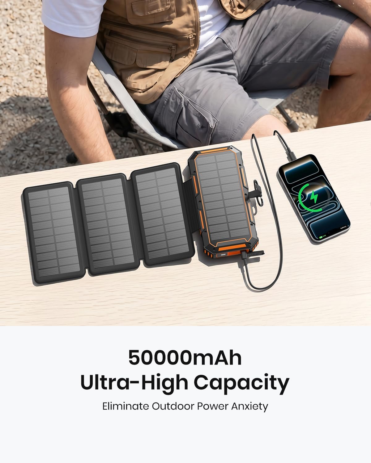 FEELLE Solar Power Bank 50000mAh Magnetic Portable Charger with Hand Crank | Built in 4 Cables & 4 Solar Panels, PD QC 3.0 Fast Charging Battery Pack, Flashlight for Outdoor, Charge 6 Devices at Once