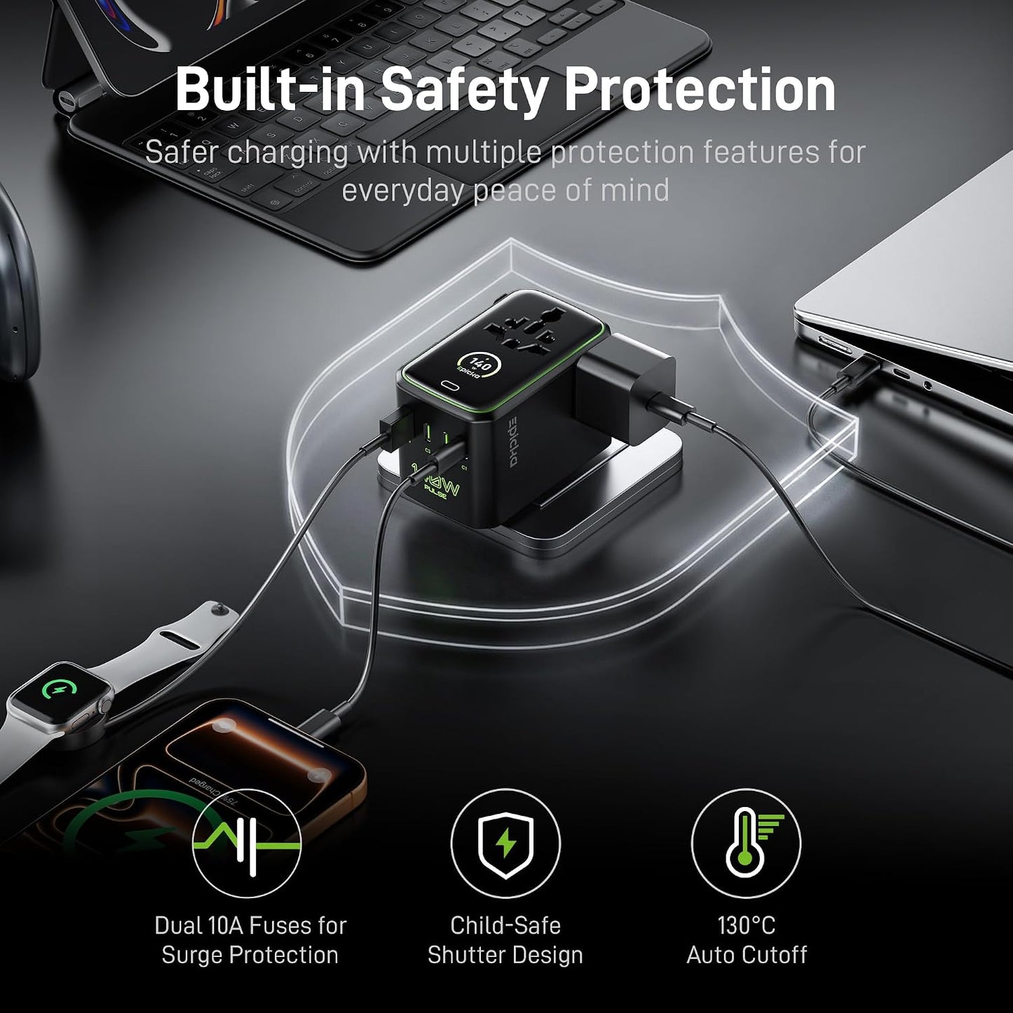 Epicka Pulse Duo 140W Universal Travel Adapter PD 3.1, 2AC/2USB-C/2USB-A | International Power Adapter with Smart Display, 3.28ft Cable, PPS Fast Charging for MacBook/iPhone