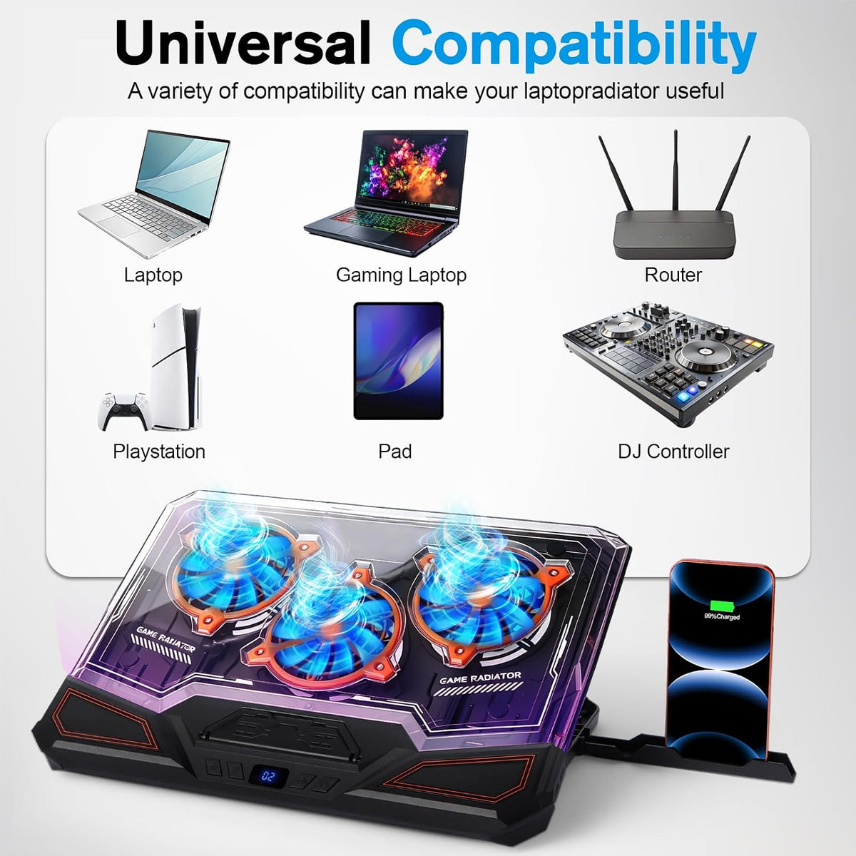 Gaming Laptop Cooling Pad, RGB Laptop Cooler with Powerful Turbo Fan