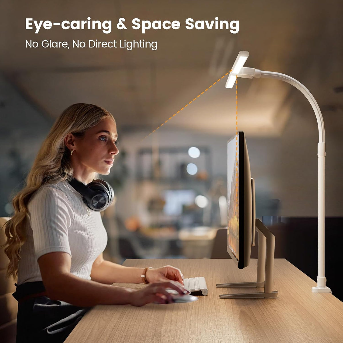 LED Desk Lamp - Bright Dimmable Computer Lamp, 24W Bendable Desk Light for Monitor Screen, Eye-Caring Tall Desktop Light for Task Home Office Work, White, Dual Head