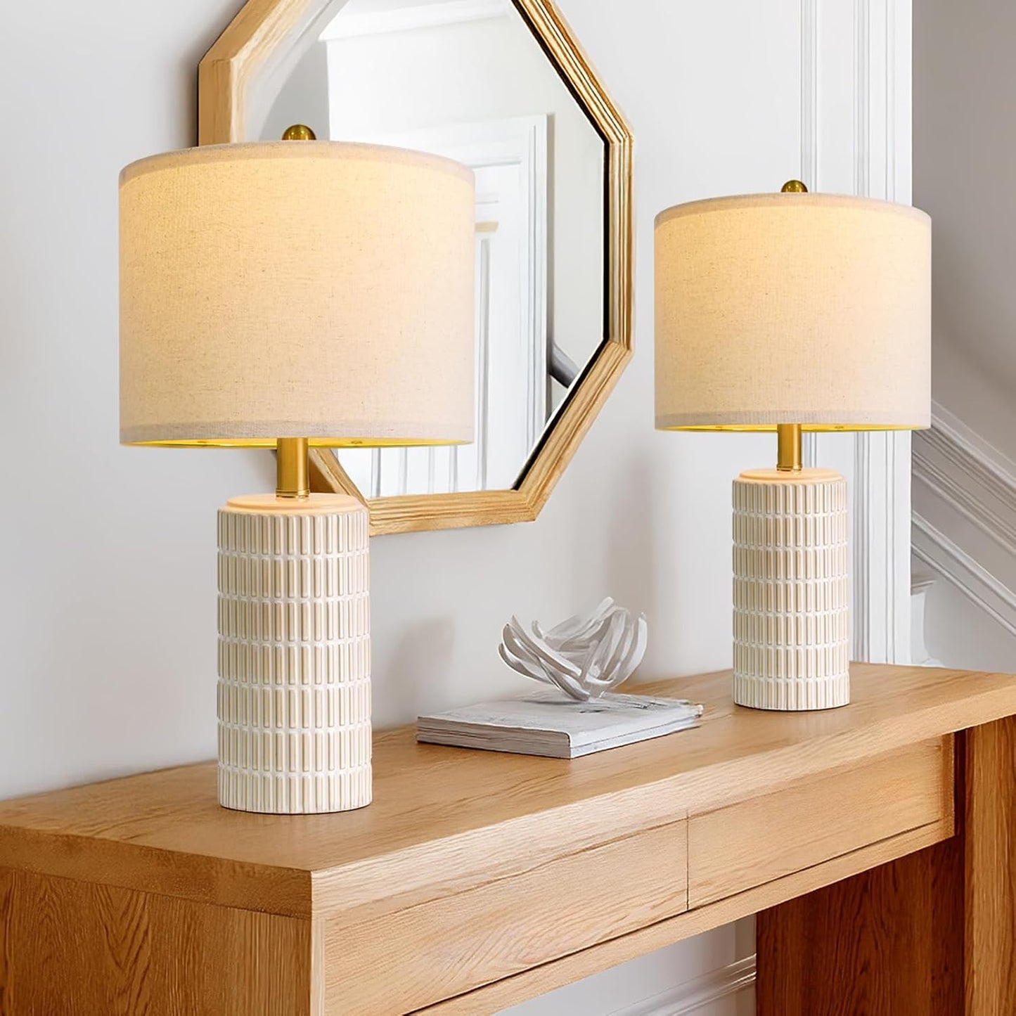 PoKat 20.75" Small Modern Ceramic Table Lamps Set of 2 for Bedroom, White | Bedside lamps for nightstands, farmhouse home decor, end table & desk light, ideal housewarming new home gift for women mom
