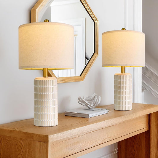 PoKat 20.75" Small Modern Ceramic Table Lamps Set of 2 for Bedroom, White | Bedside lamps for nightstands, farmhouse home decor, end table & desk light, ideal housewarming new home gift for women mom