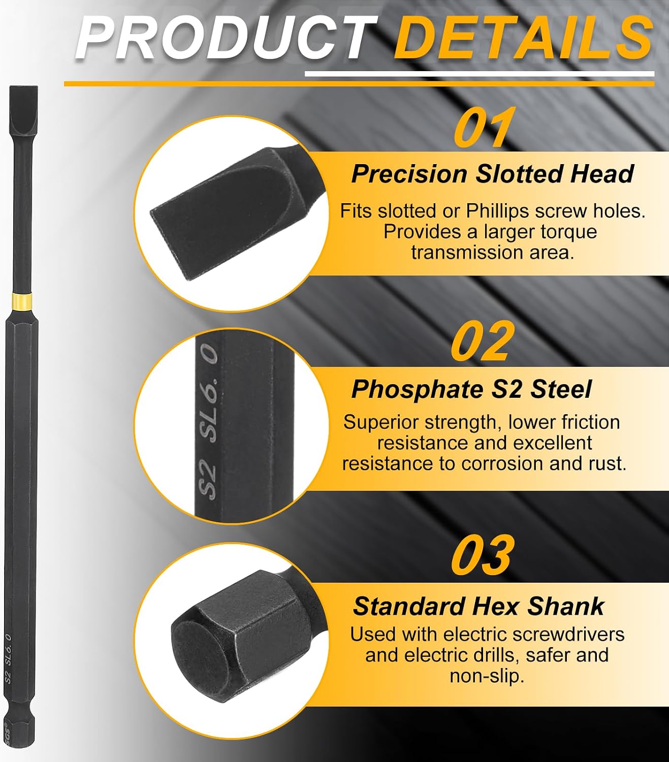 HARFINGTON 5pcs SL6 Slotted Impact Screwdriver Bits 6mm Slotted Tip 1/4" Hex Shank 150mm (6") Long Magnetic Flat Head Phosphated S2 Steel Screw Driver Drill Bits Electric Power Tool