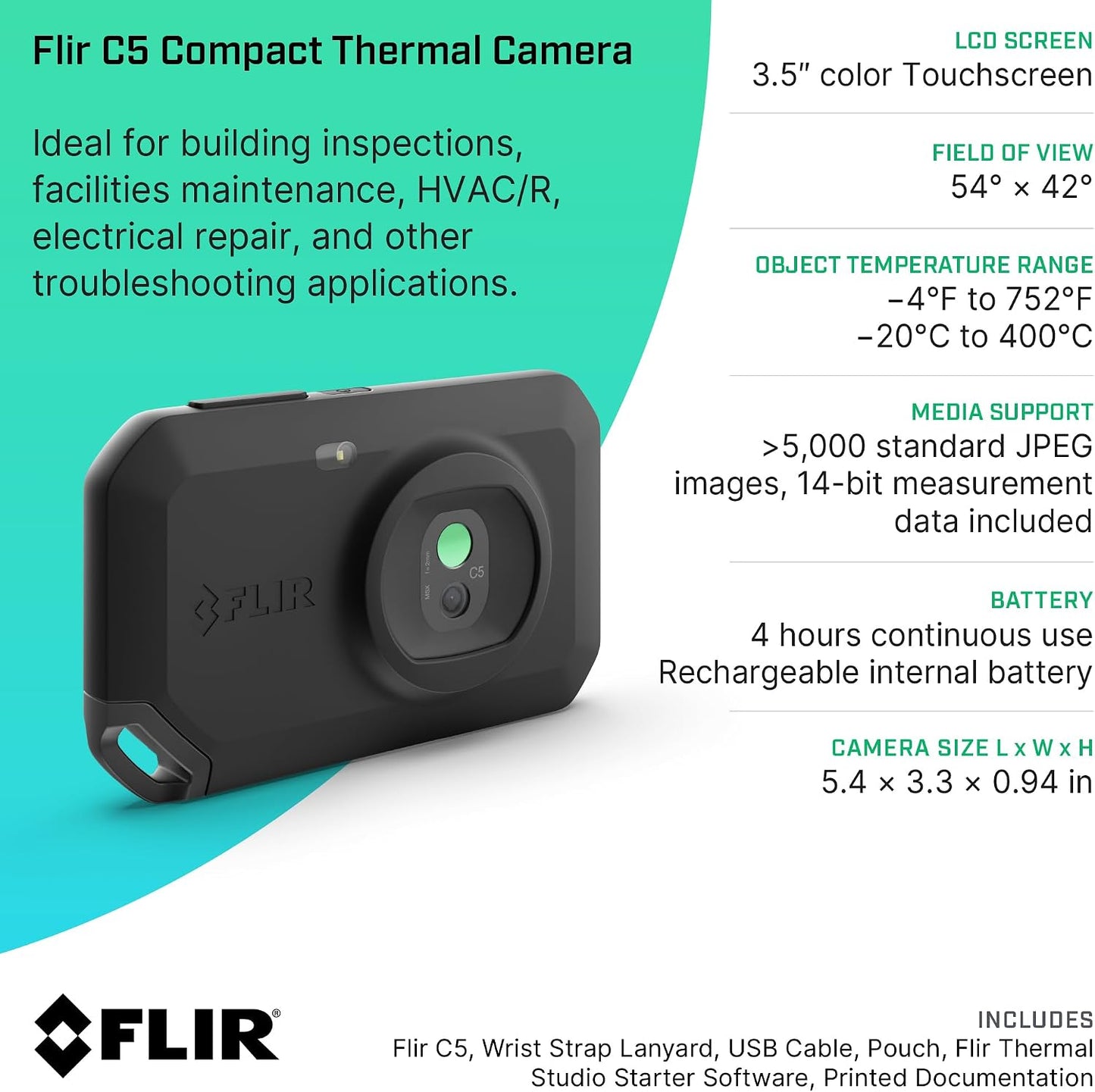 Flir C5 Compact Thermal Imaging Camera, WiFi, 160x120 MSX, Ignite | -20 to 400C, 5MP visual, LED flashlight, Ignite cloud, pocket, battery, charger, case
